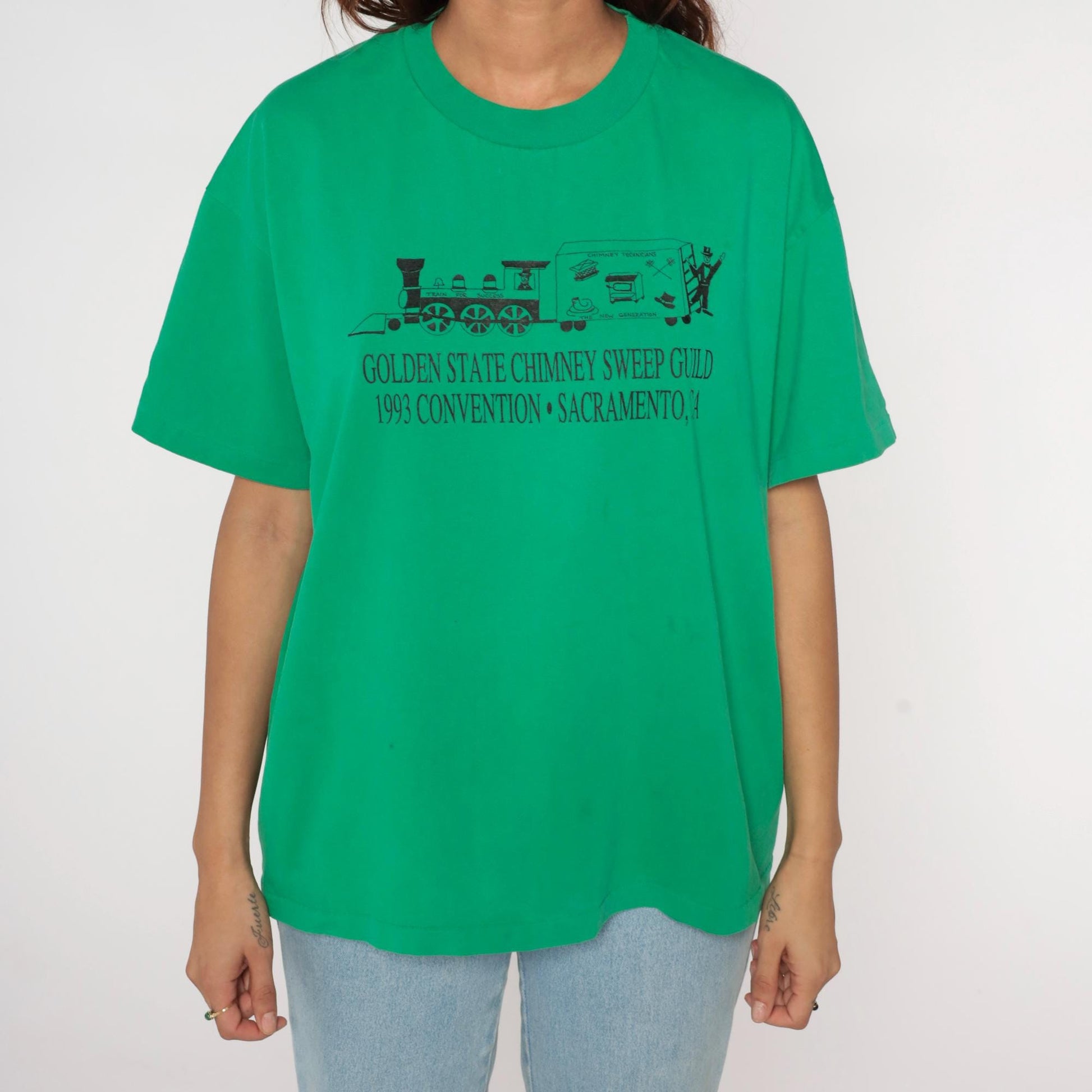 90s Chimney Sweep Guild Convention Graphic Tee Green Train Print Extra Large