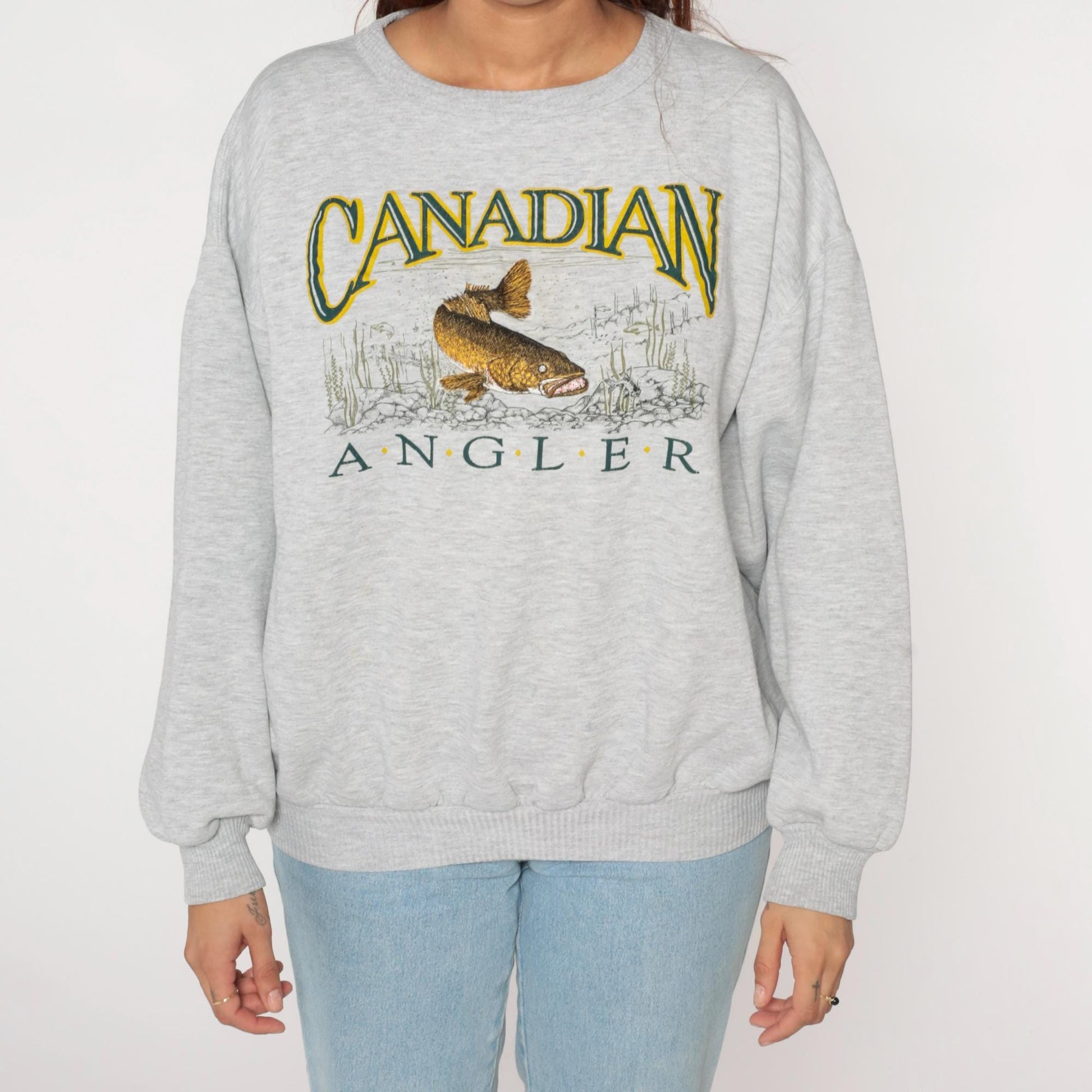 90s Canadian Angler Embroidered Fish Sweatshirt Grey Crewneck Extra Large XL