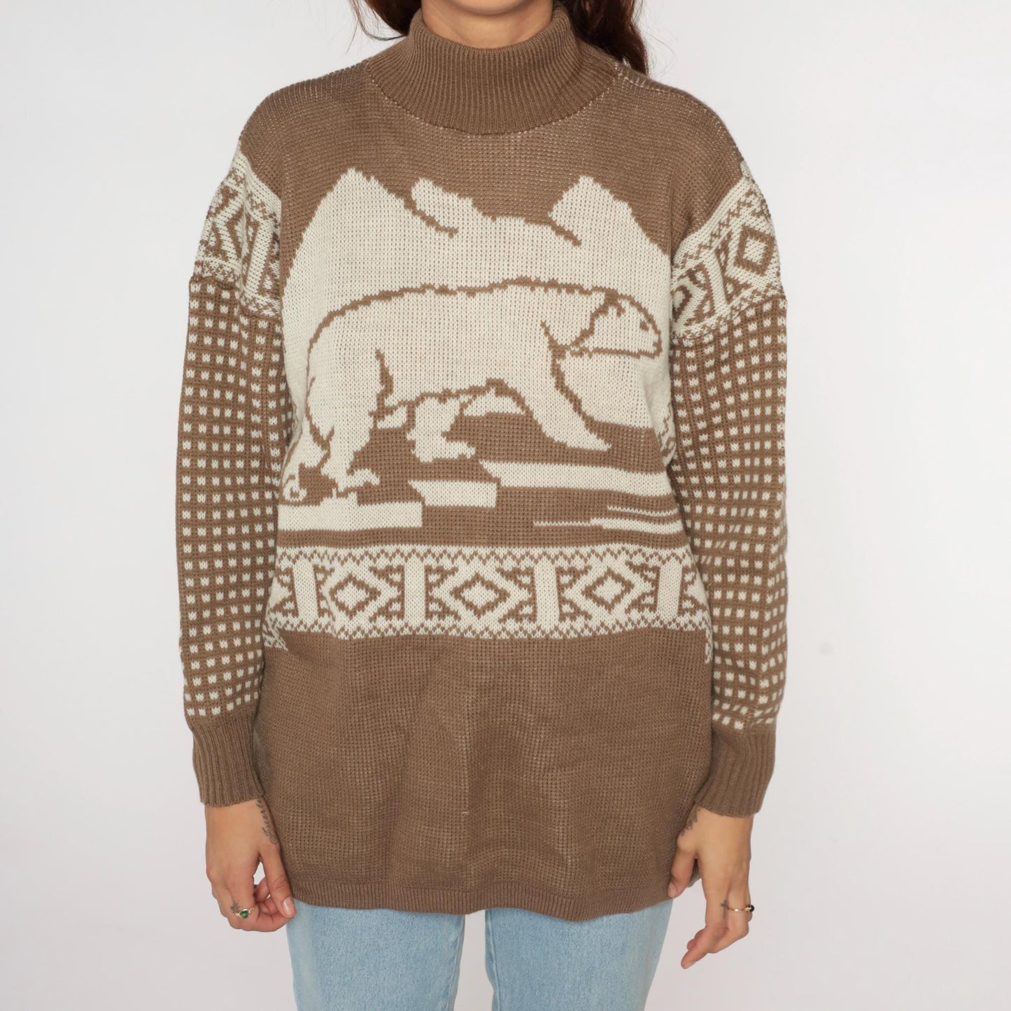80s Polar Bear Graphic Sweater Brown Mock Neck Pullover Knit Medium