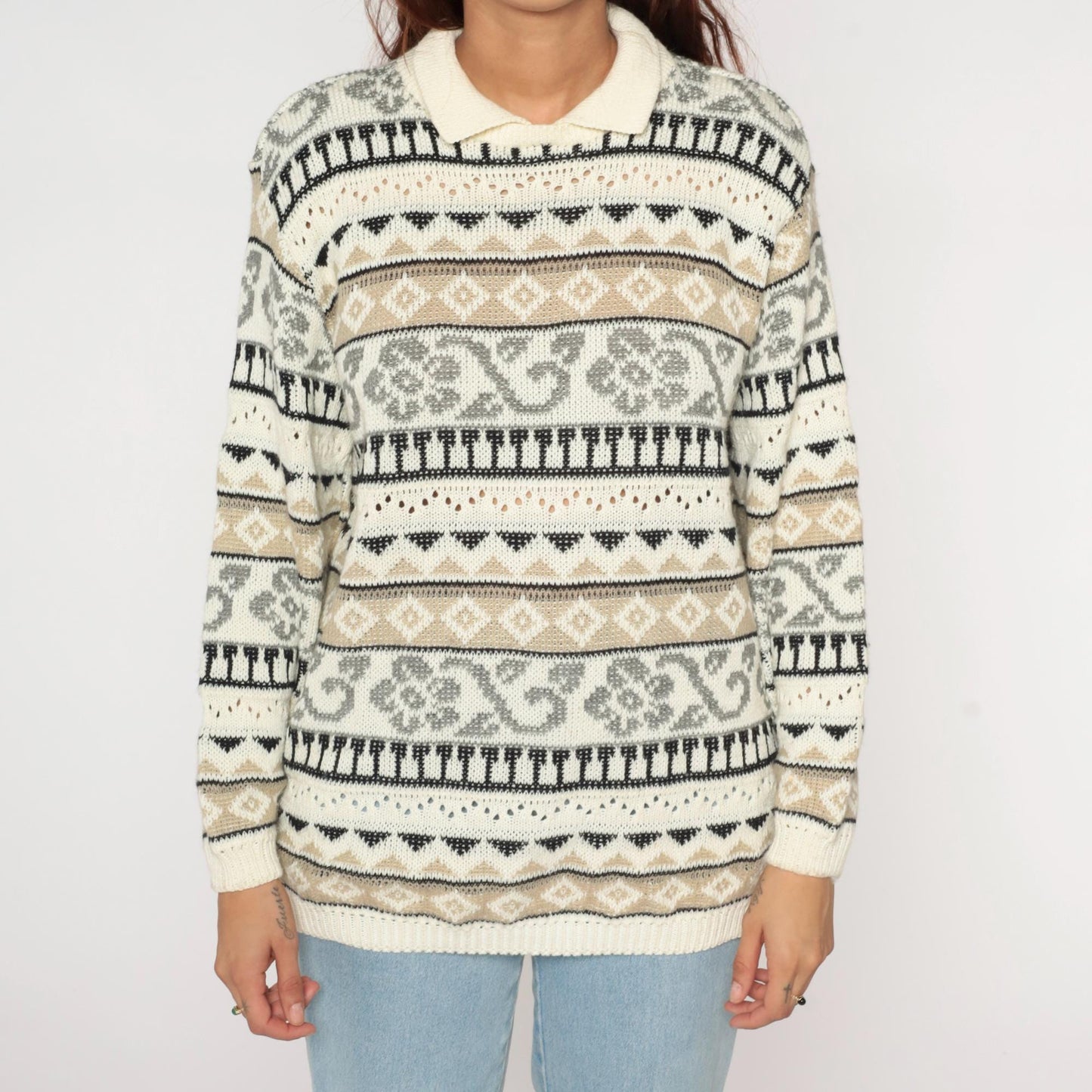 90s Alfred Dunner Geometric Floral Cream Collared Knit Sweater Medium M