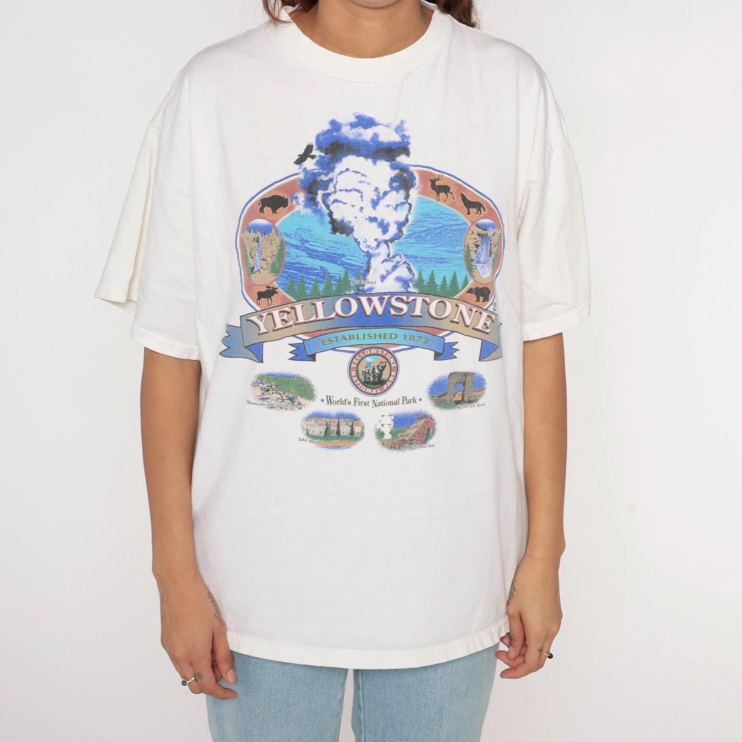 90s Yellowstone National Park Old Faithful Graphic T-Shirt White Cotton Extra Large