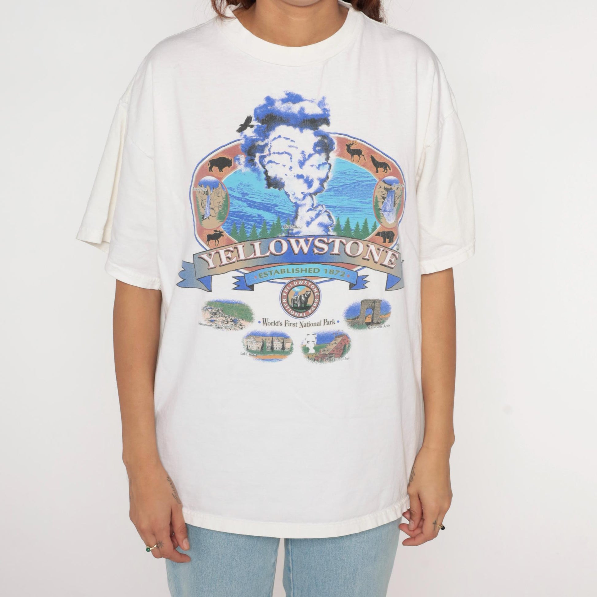 90s Yellowstone National Park Old Faithful Graphic T-Shirt White Cotton Extra Large