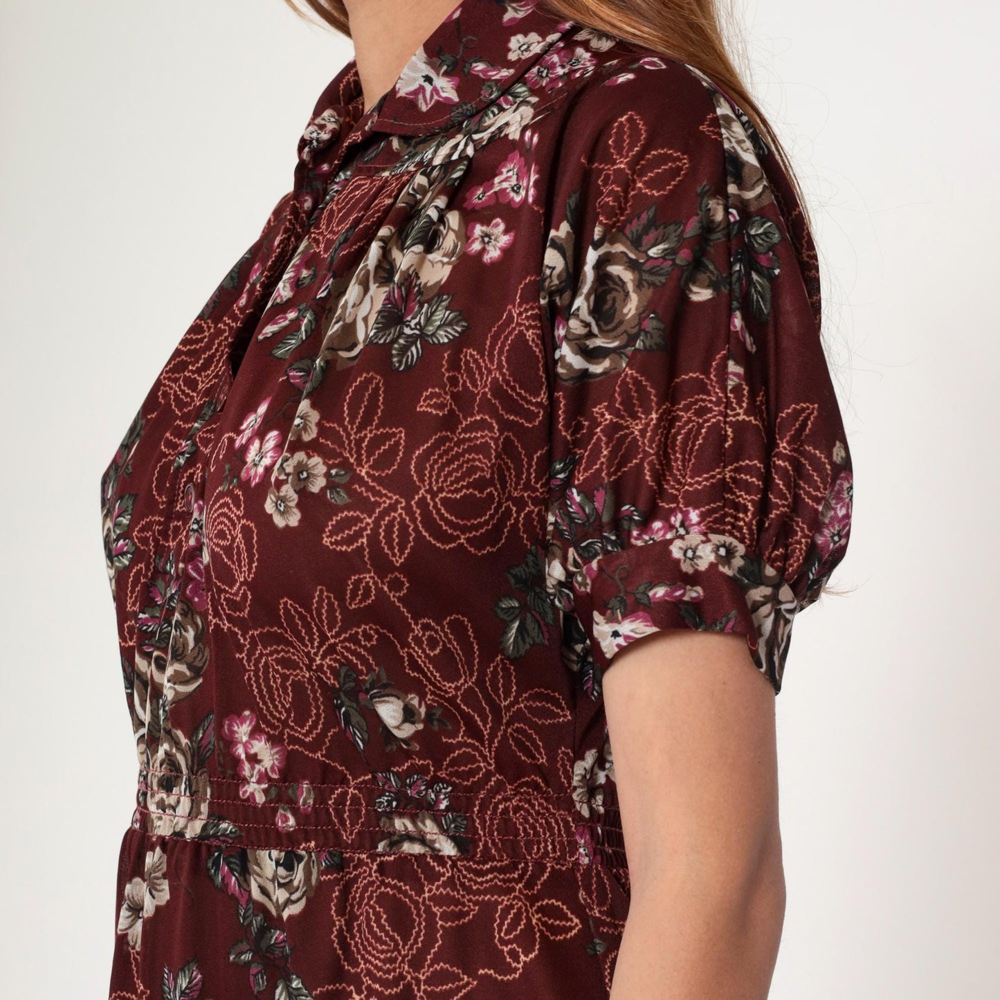 70s Maroon Floral Mini Dress High Waist Puff Sleeve Button Up Small Medium