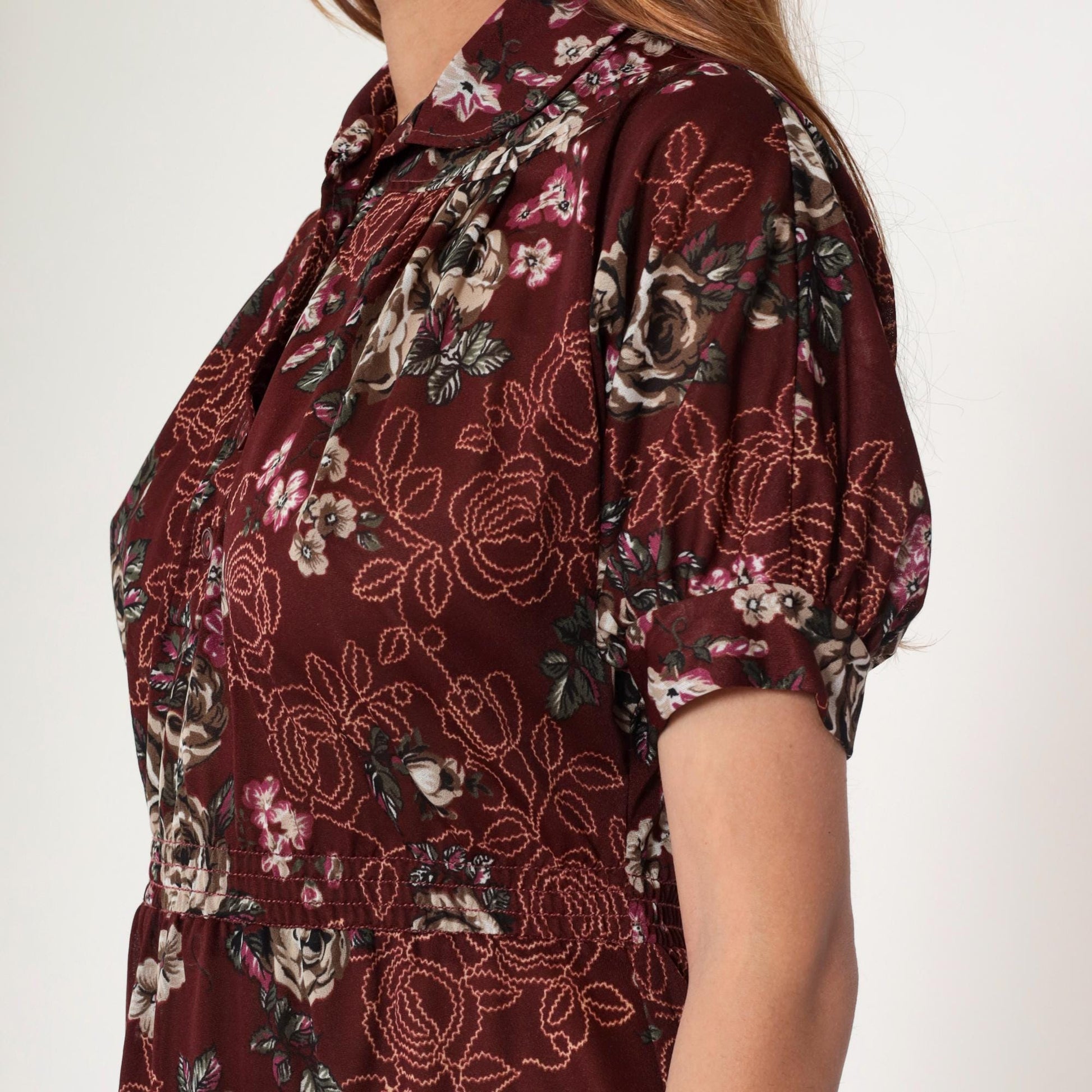 70s Maroon Floral Mini Dress High Waist Puff Sleeve Button Up Small Medium