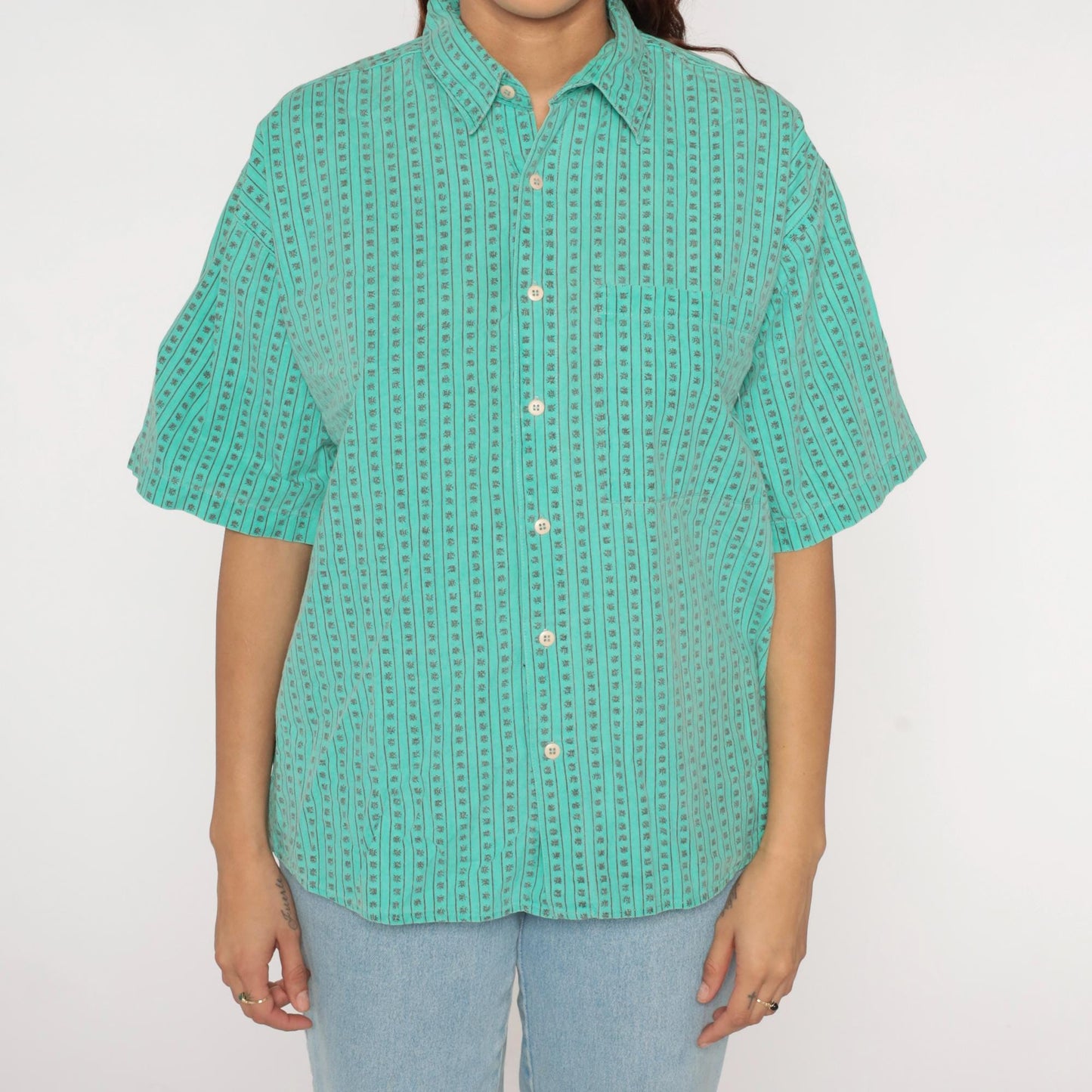 90s Green Striped Stamp Print Button-Up Shirt Boxy Fit Medium
