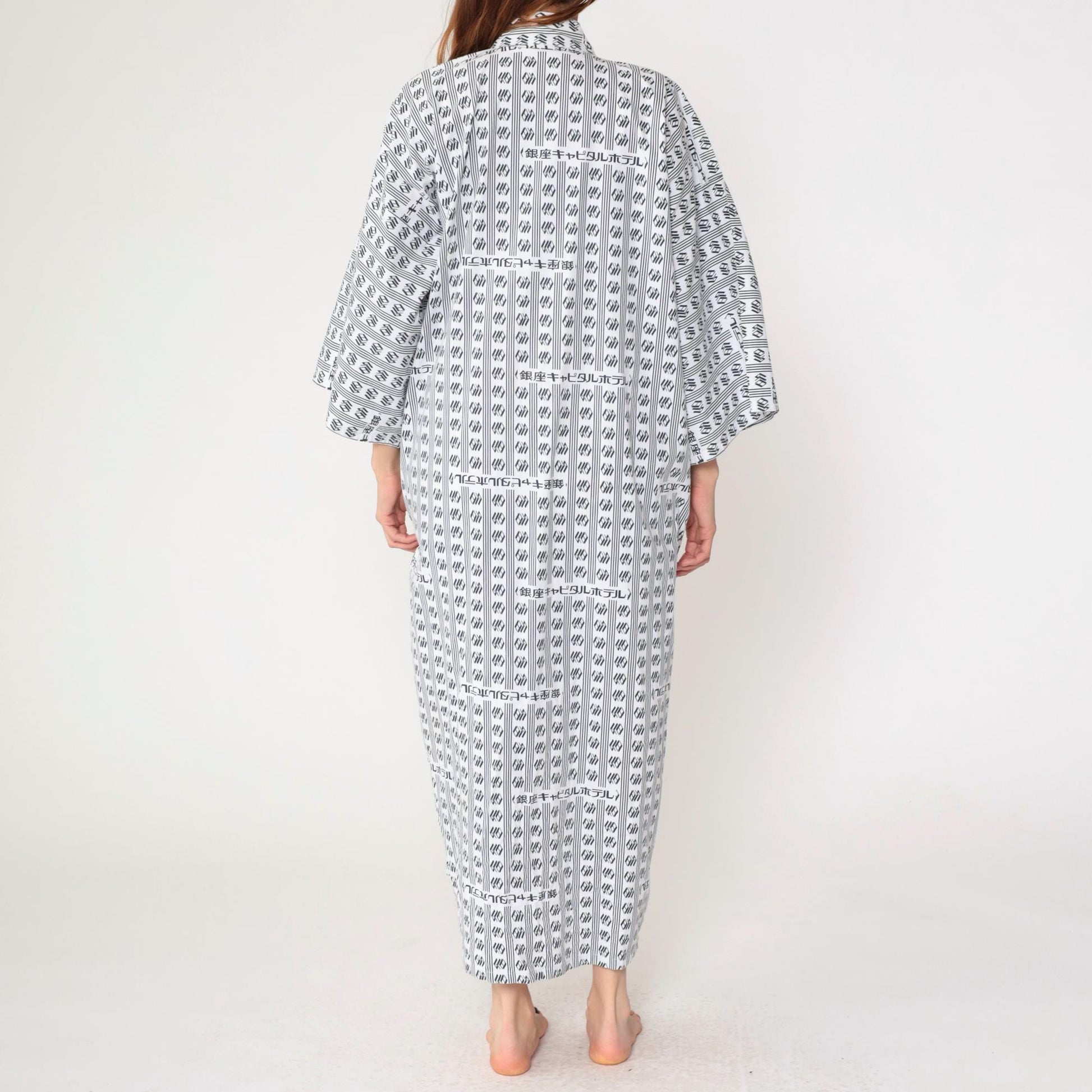 80s Japanese Yukata Robe Hotel Logo Print Blue White Geometric Maxi One Size