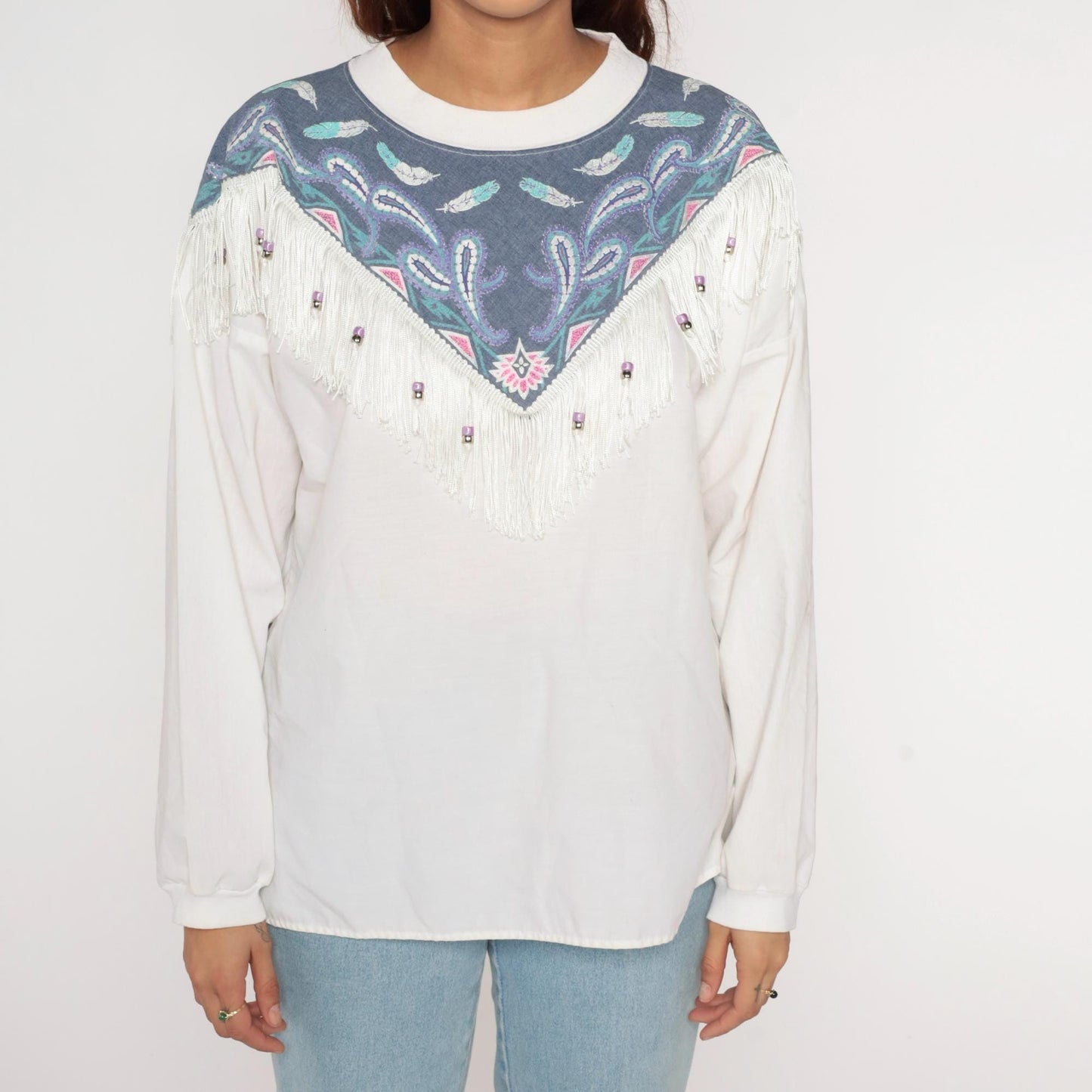 90s Southwest Fringe Long Sleeve T-Shirt White Beaded Yoke Paisley Large