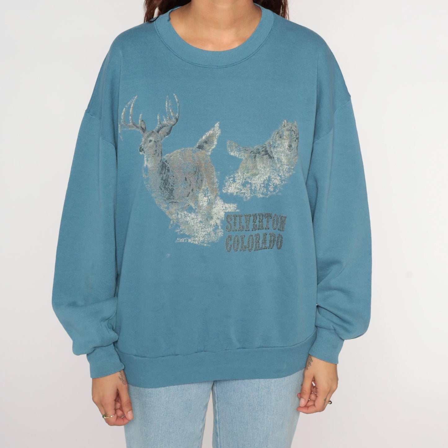 90s Silverton Colorado Wolf Deer Graphic Sweatshirt Blue Crewneck Extra Large