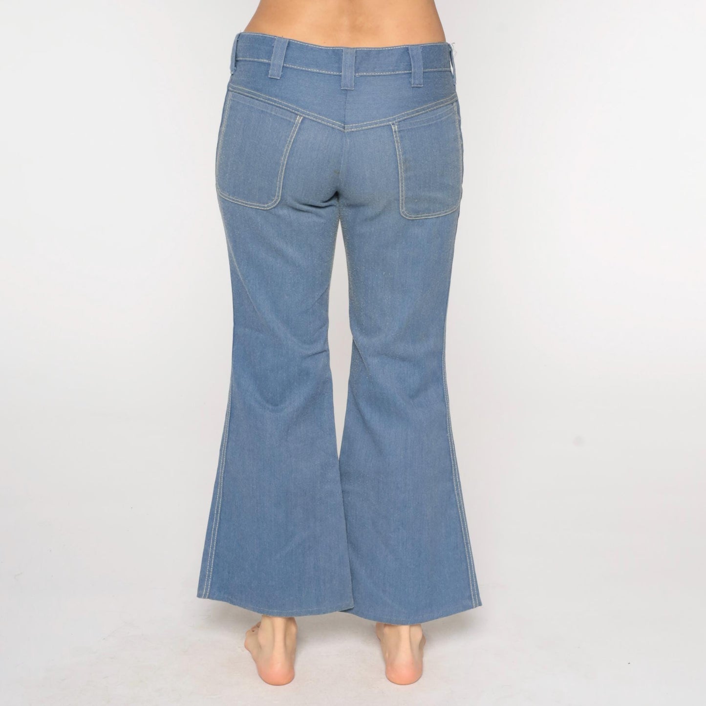 70s Blue Twill Bell Bottom Pants Mid Rise Flared Trousers Men's Medium