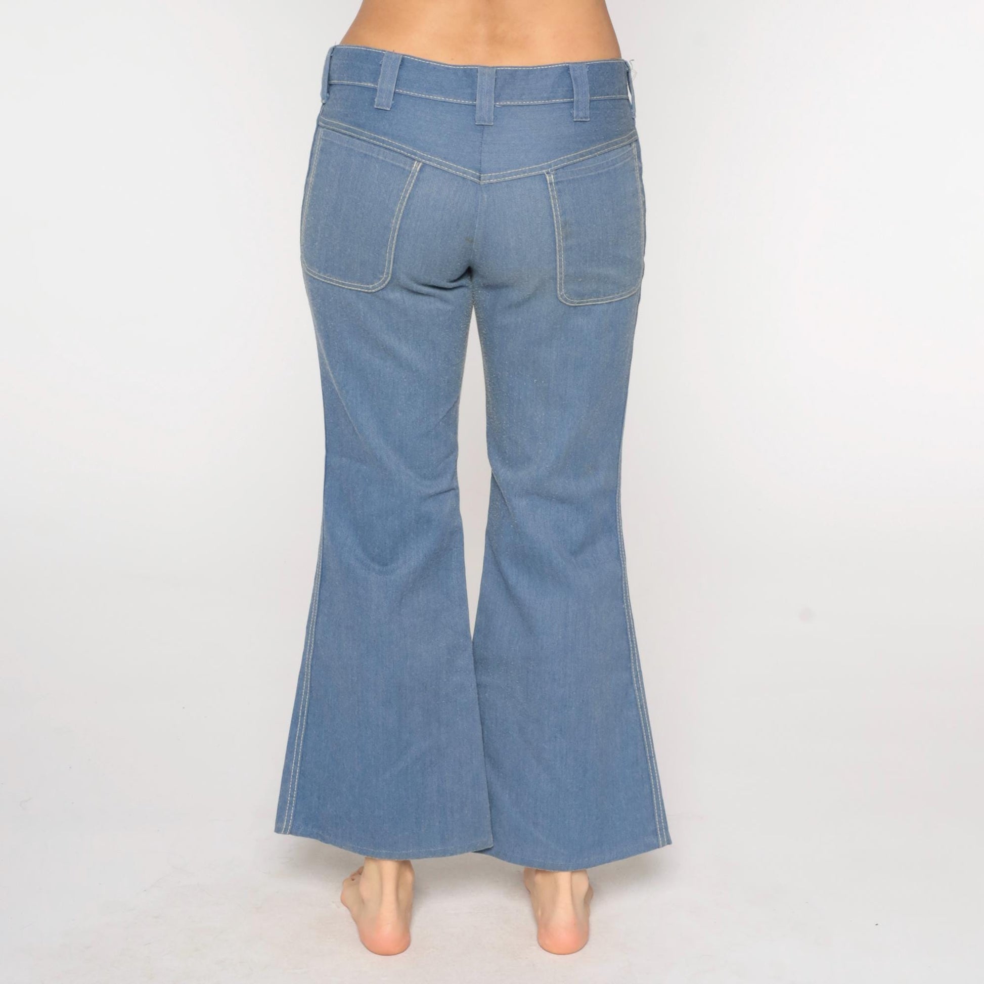 70s Blue Twill Bell Bottom Pants Mid Rise Flared Trousers Men's Medium