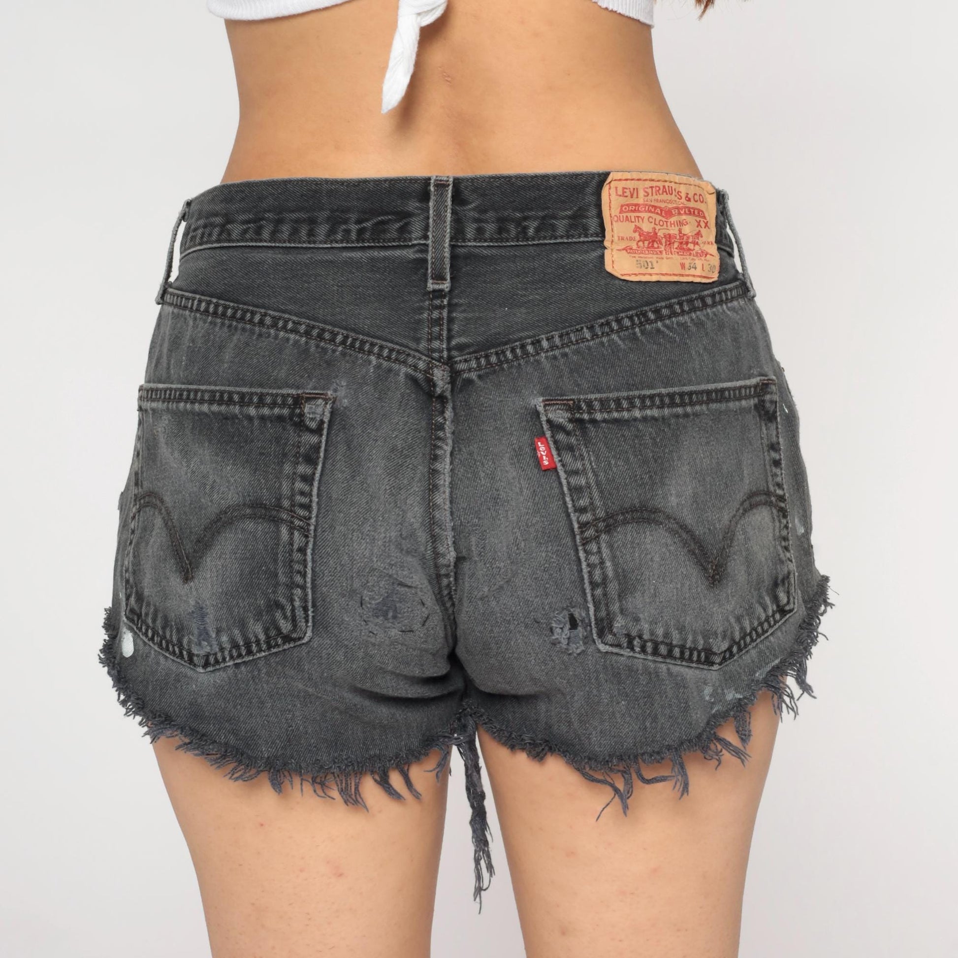 90s Levi's 501 Black Denim Cut-Off Shorts Distressed Frayed Medium