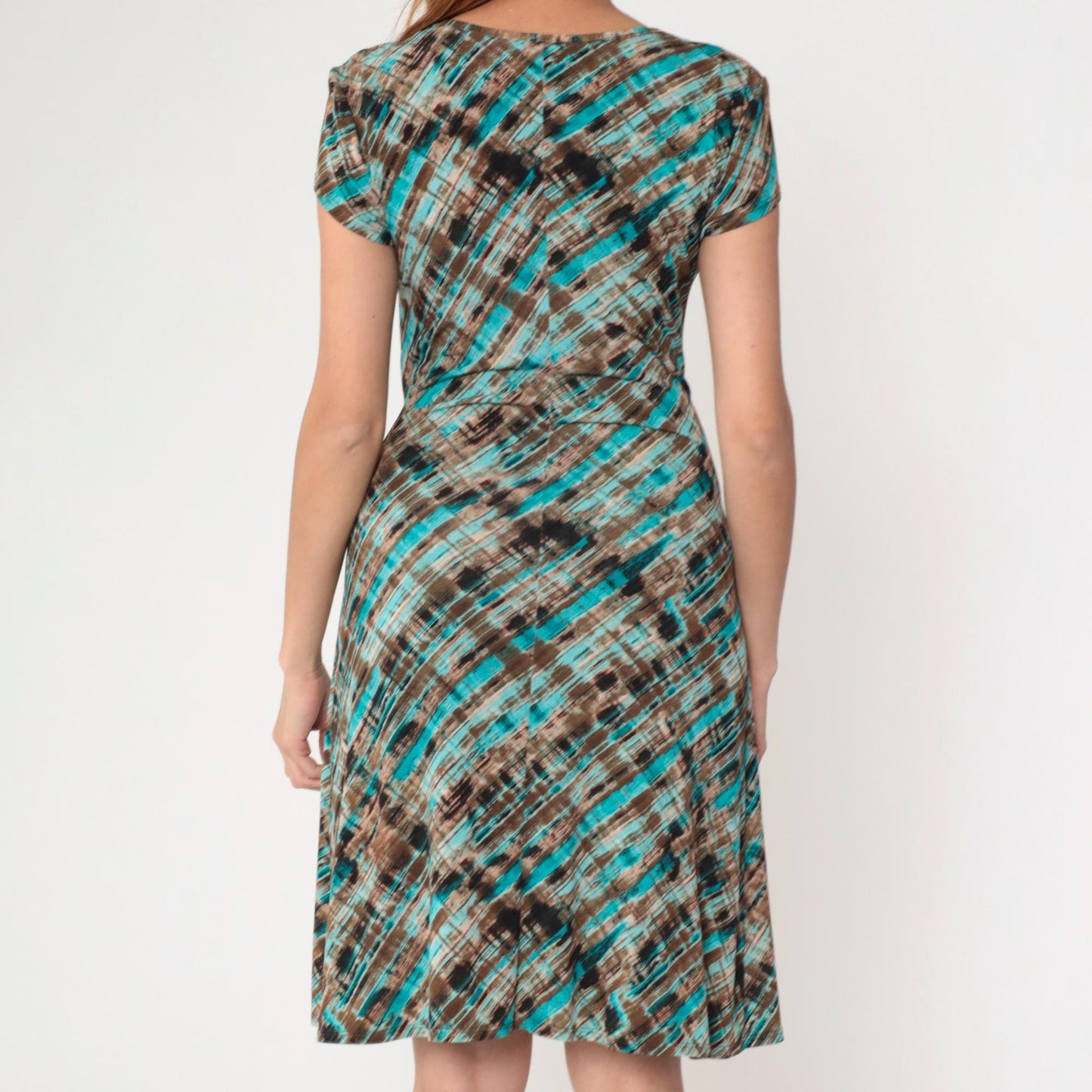 Y2K Abstract Striped Midi Wrap Dress Turquoise Brown Short Sleeve Small 6
