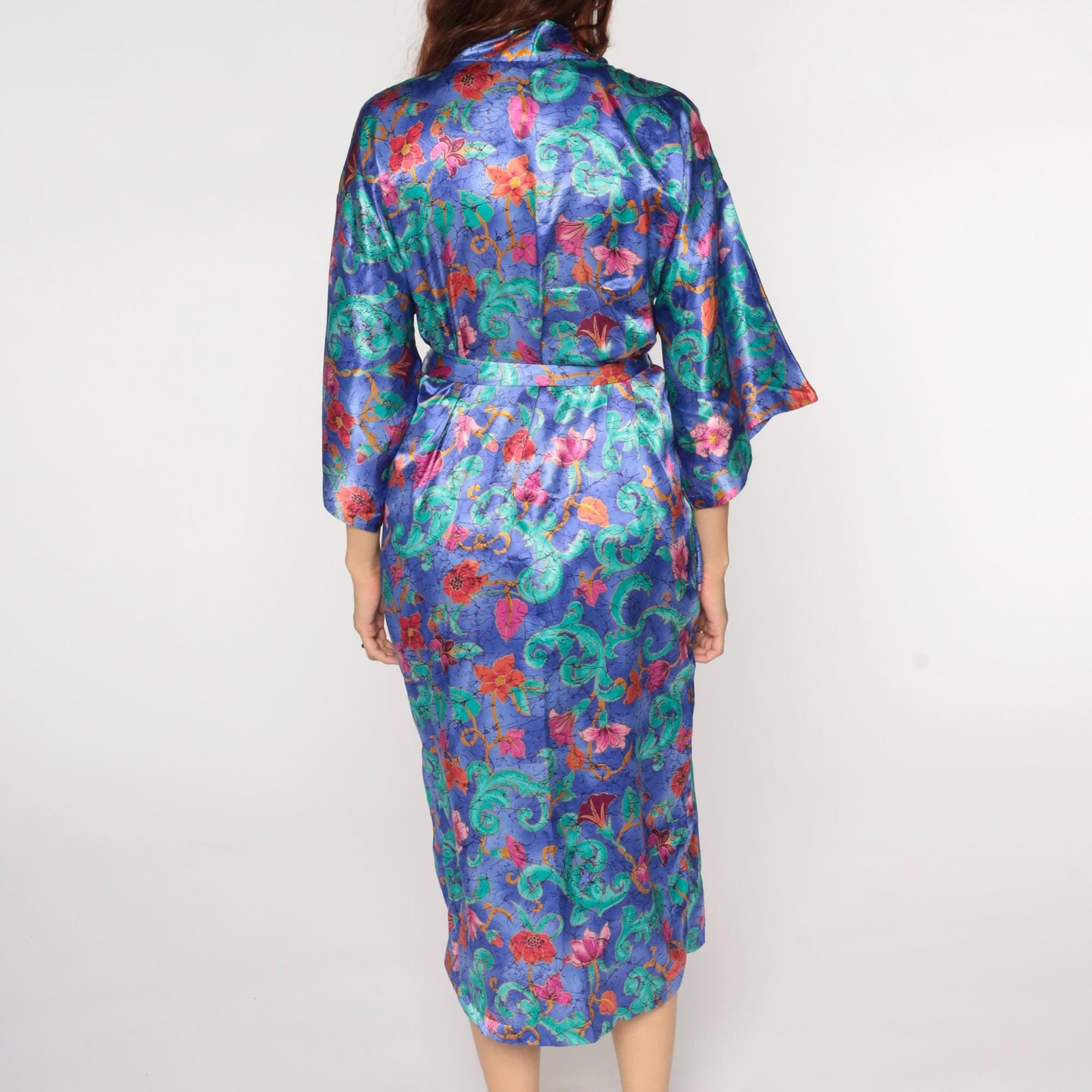 90s Purple Floral Satin Midi Robe Wrap Front Tie Belt Large