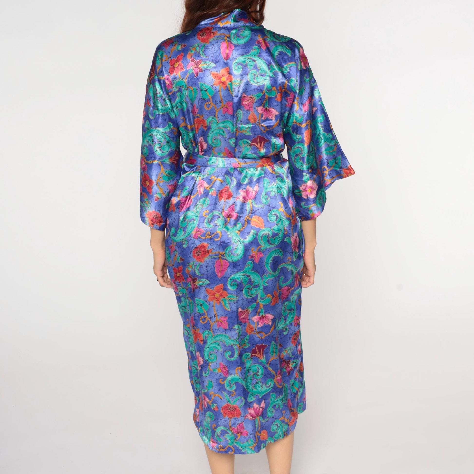 90s Purple Floral Satin Midi Robe Wrap Front Tie Belt Large