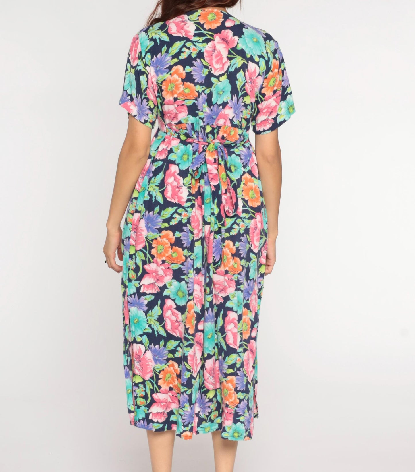 90s Diane Von Furstenberg Floral Empire Waist Midi Dress Navy Square Neck Extra Small