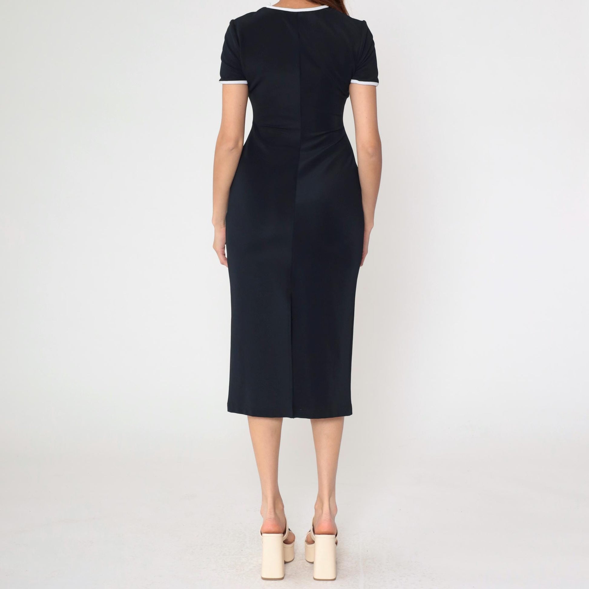 90s Black Bodycon Midi Dress White Ringer Trim Short Sleeve Small