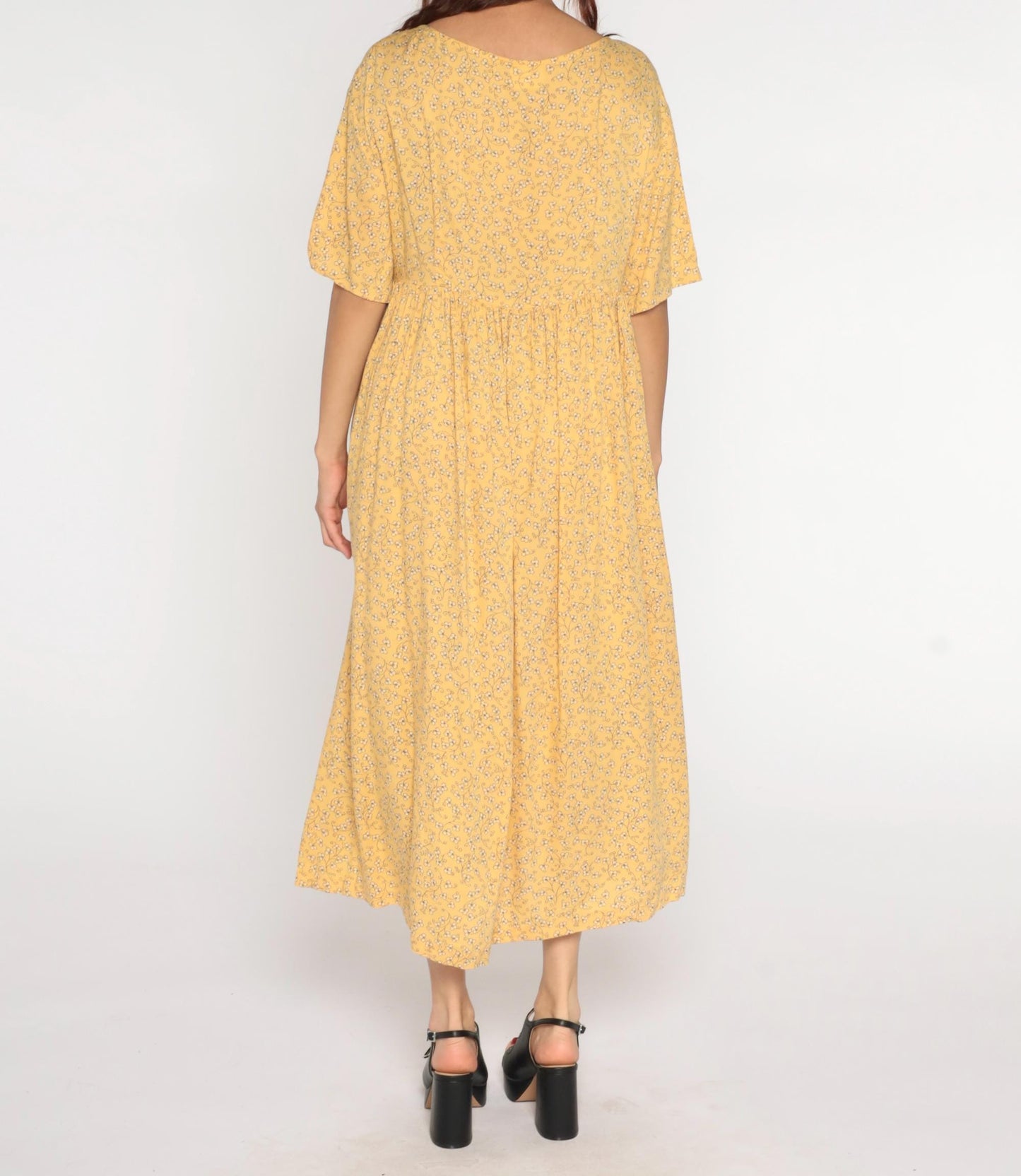 90s Yellow Floral Button-Up Shirtdress Rayon Maxi Ankle Length Medium