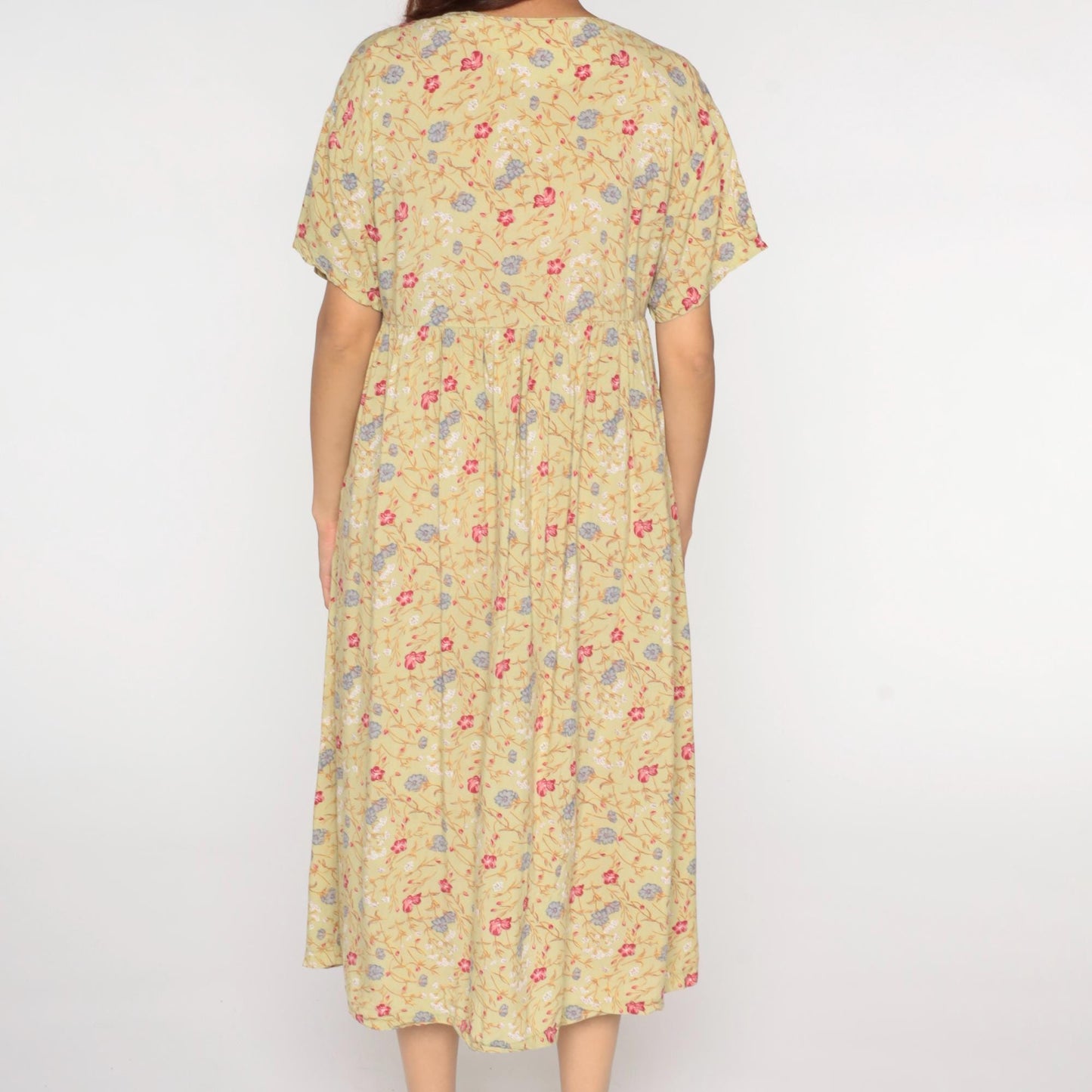 90s Sostanza Floral Button-Up Midi Dress Avocado Green High Waist Medium Large