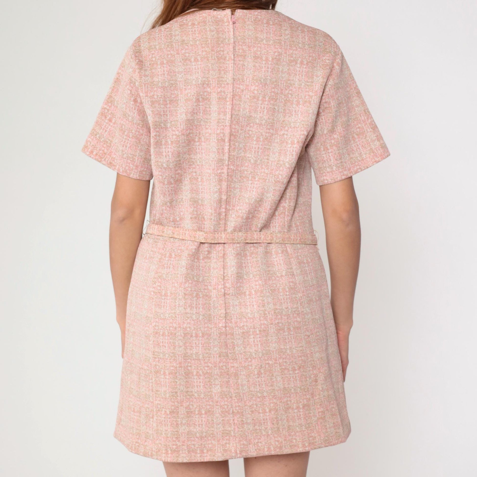 70s Mod Mini Dress Pink Checkered Shift V-Neck Belted Short Sleeve Medium M