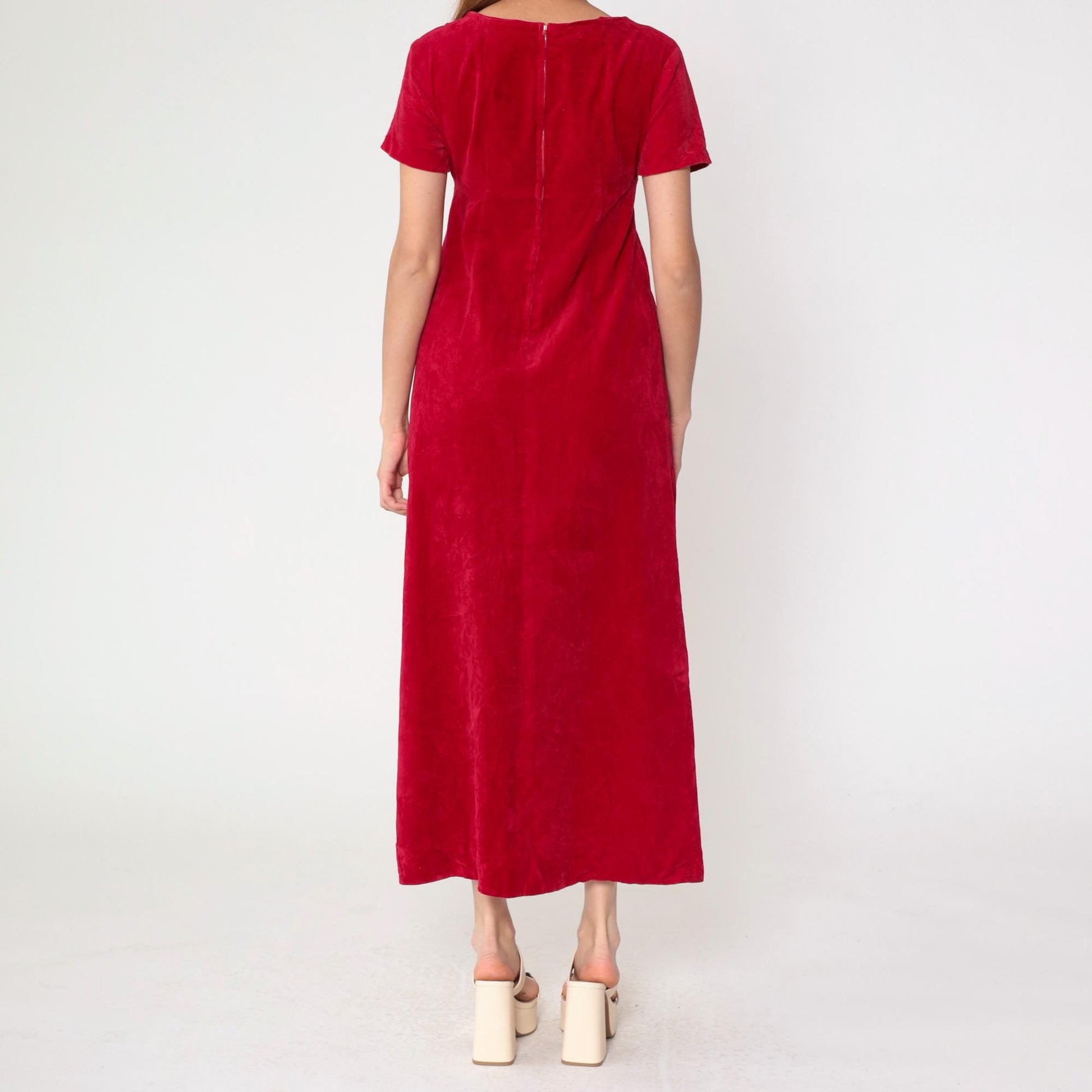 60s Red Velvet Maxi Dress Empire Waist Short Sleeve Small