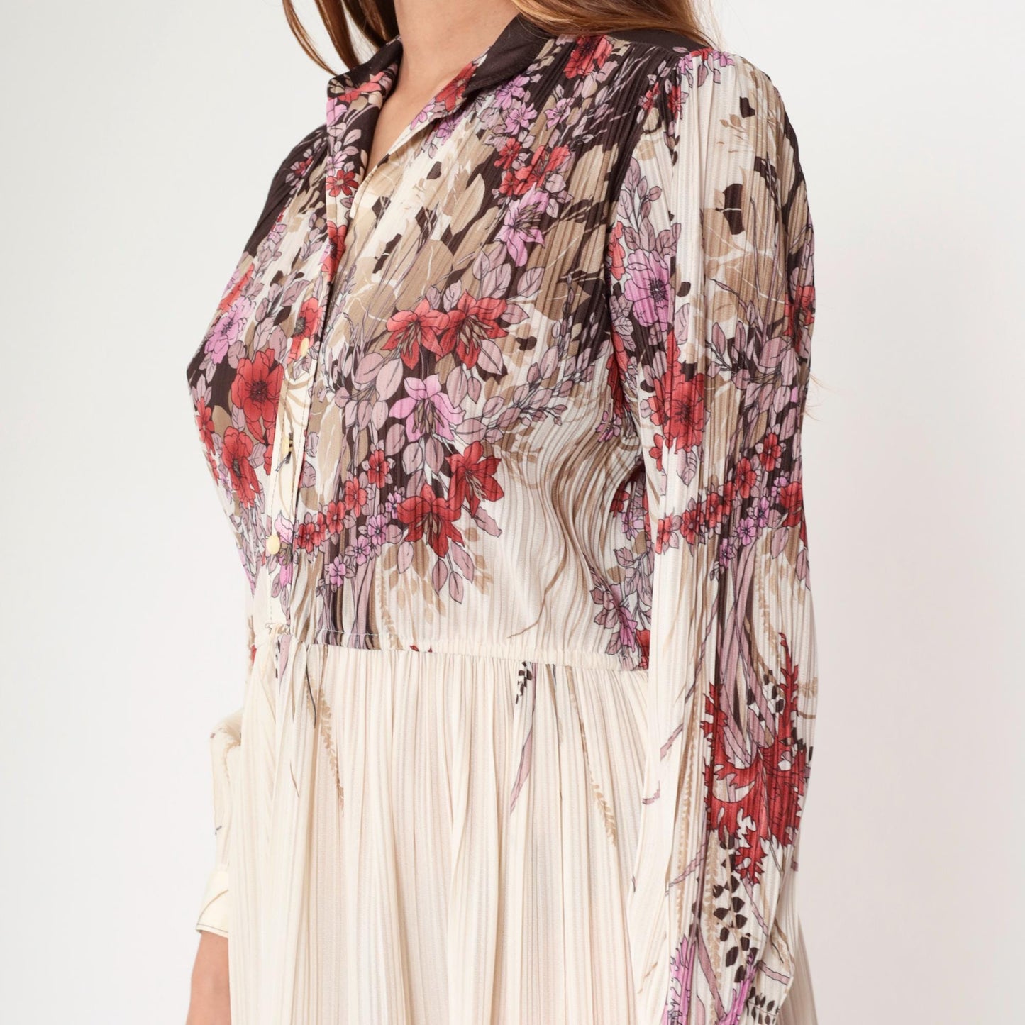 70s Off-White Floral Midi Shirtdress Knife Pleated High Waist Long Sleeve Small Medium