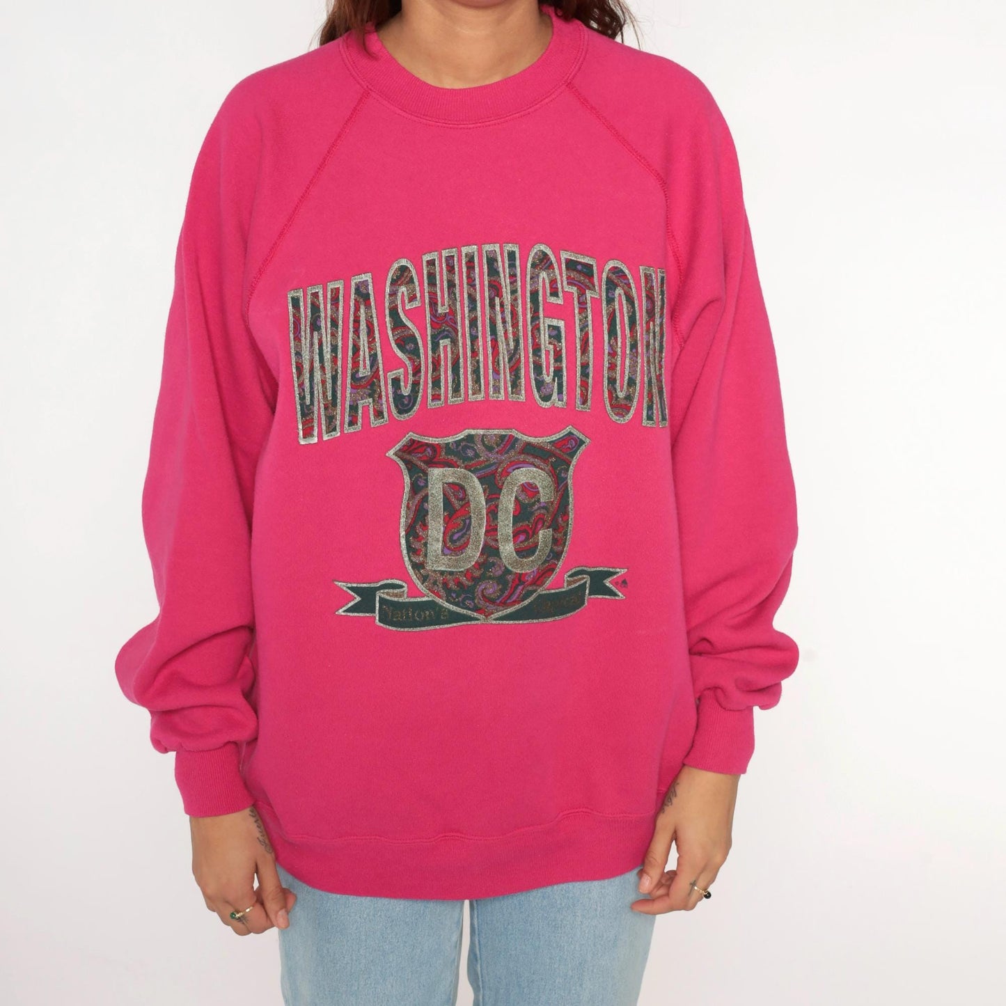 90s Washington DC Hot Pink Glittery Raglan Sweatshirt Crewneck Large
