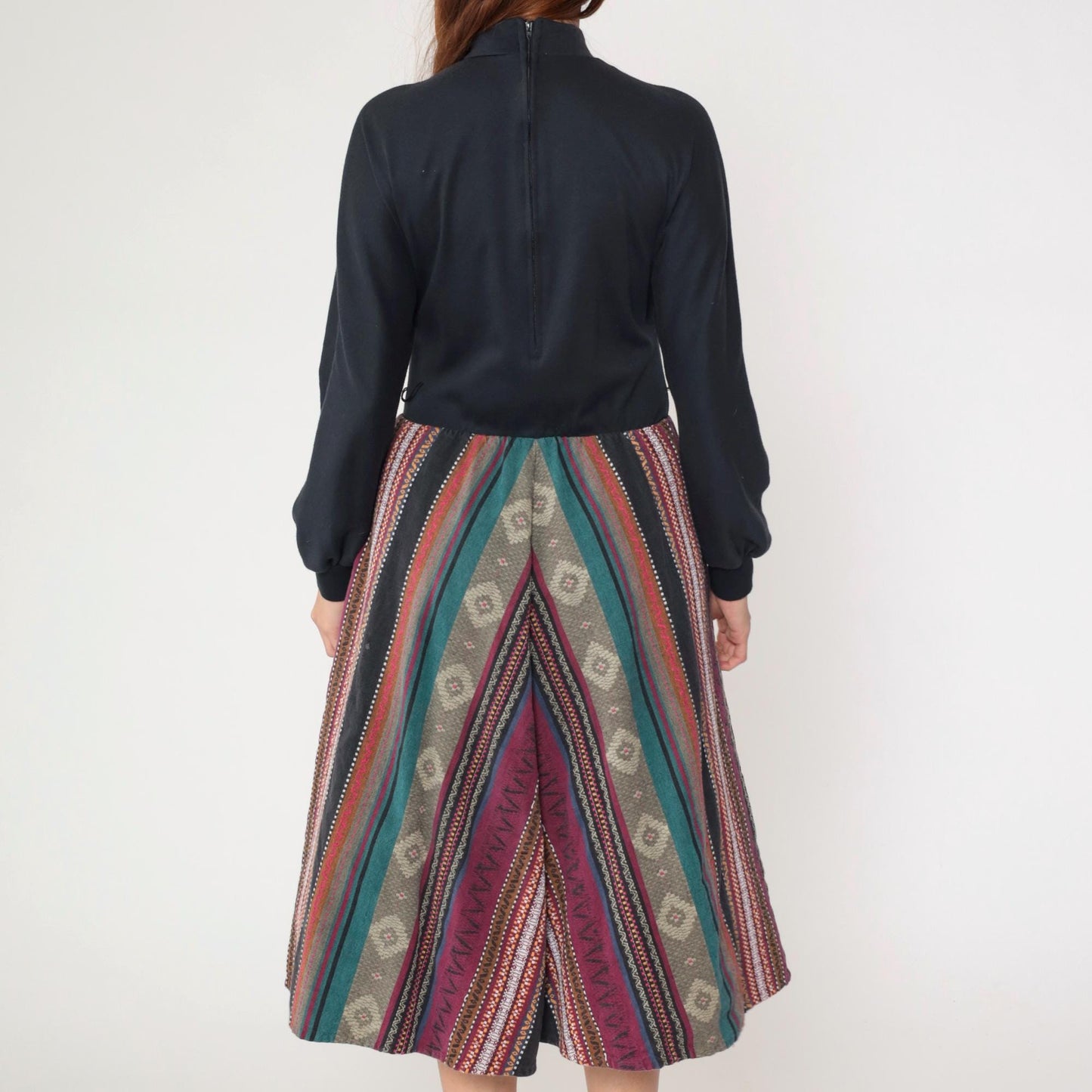 80s Orvis Chevron Stripe Midi Dress Mock Neck Long Sleeve Black Bodice Small