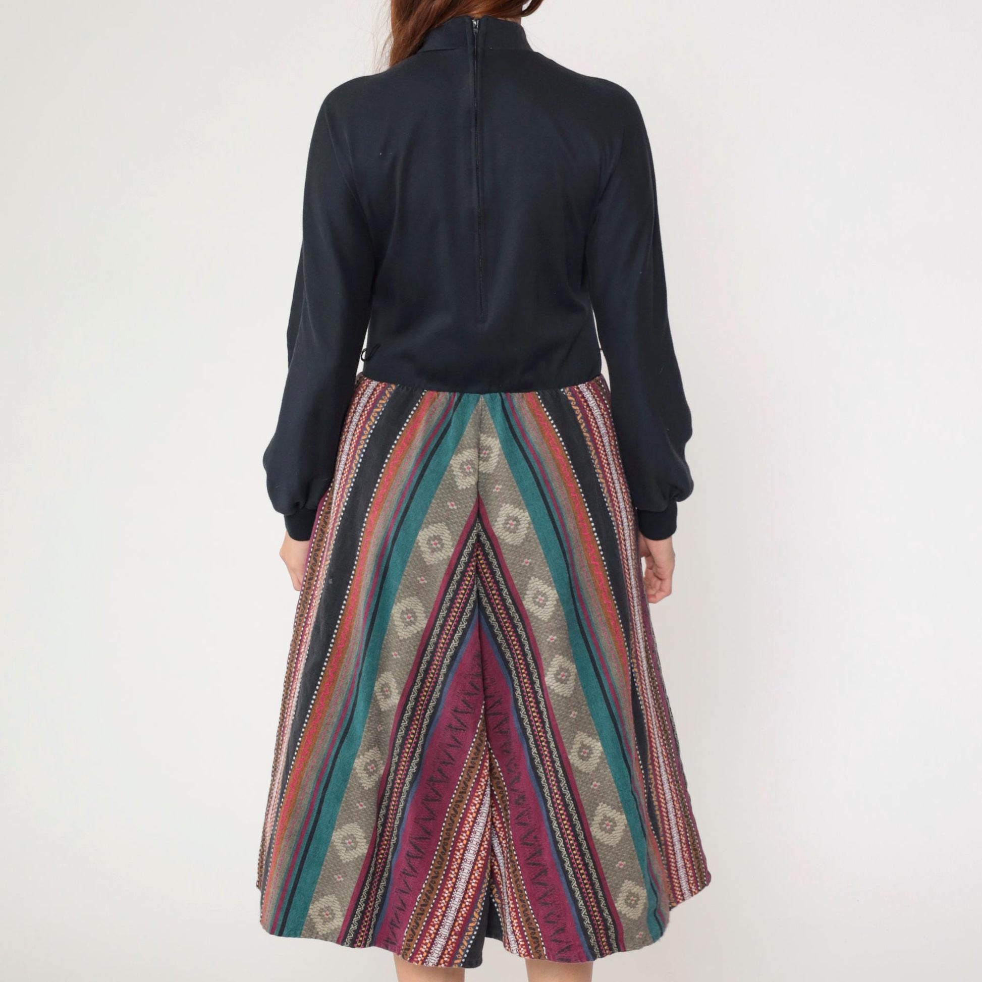 80s Orvis Chevron Stripe Midi Dress Mock Neck Long Sleeve Black Bodice Small