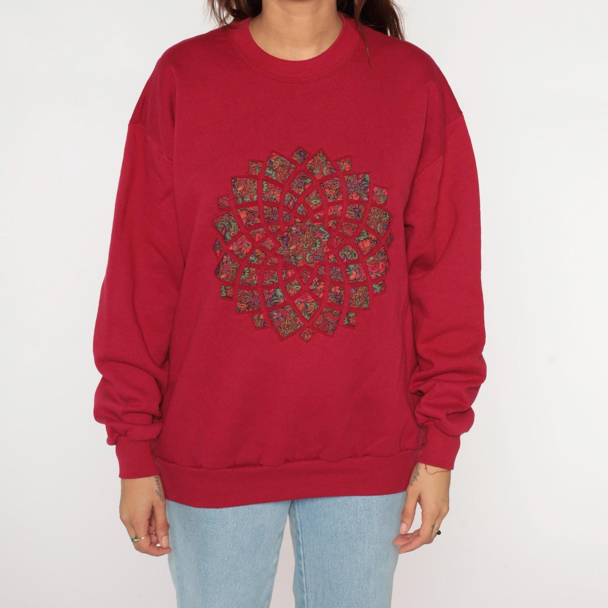 90s Jerzees Quilted Mandala Sweatshirt Deep Red Crewneck Large L