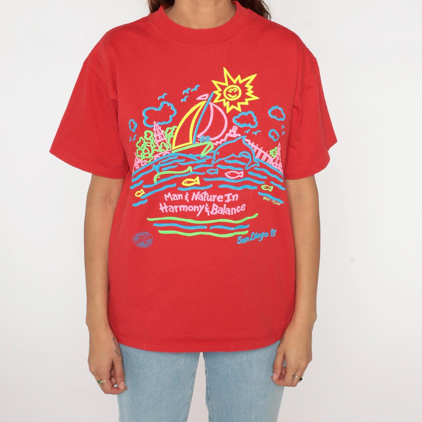 90s San Diego Graphic T-Shirt 1991 Neon Red Cotton Crewneck Medium