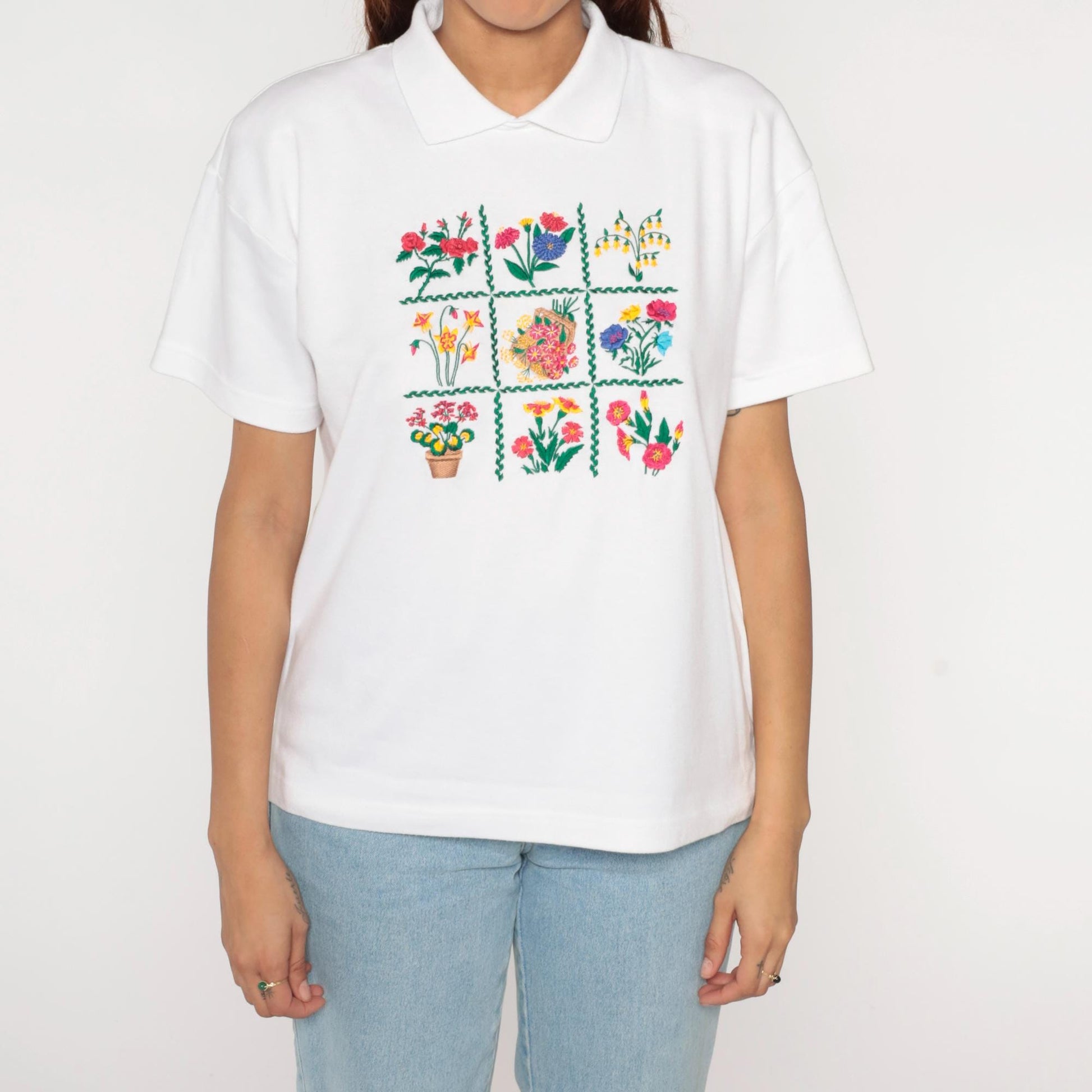90s Jennifer Moore Petites Floral Embroidered Collared T-Shirt White Medium