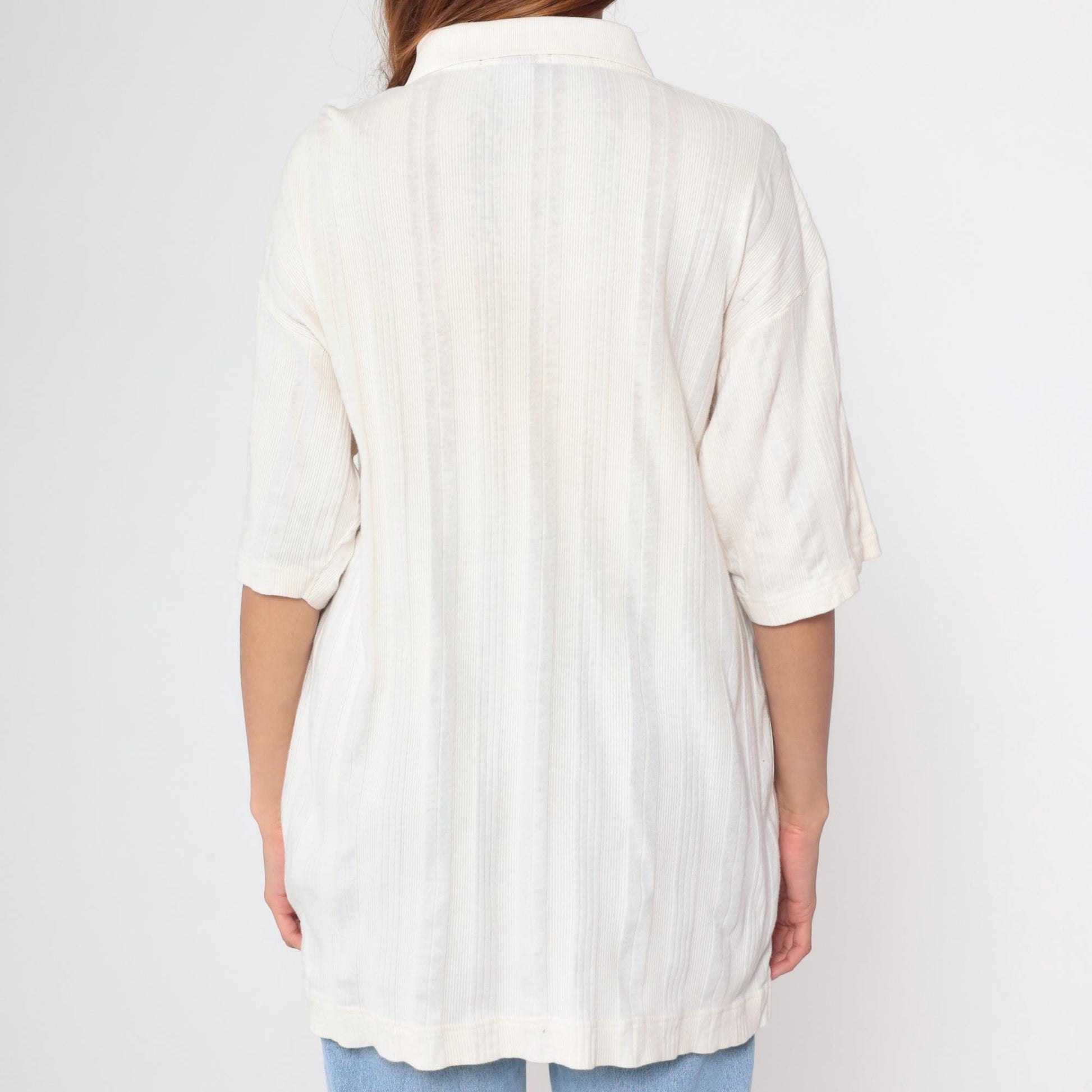 90s Nautica Quarter Zip Sailboat Shirt Off-White Ribbed Cotton Medium M