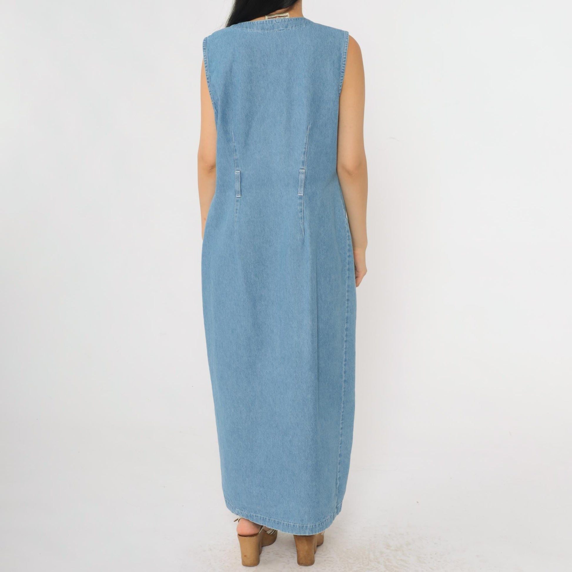 90s Studio Ease Blue Denim Jumper Dress Sleeveless V Neck Maxi Medium M