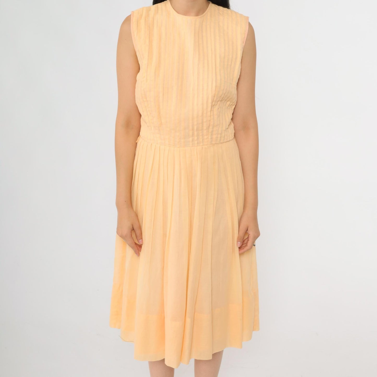 60s Peach Pleated Fit and Flare Midi Dress Sleeveless High Waist Small S