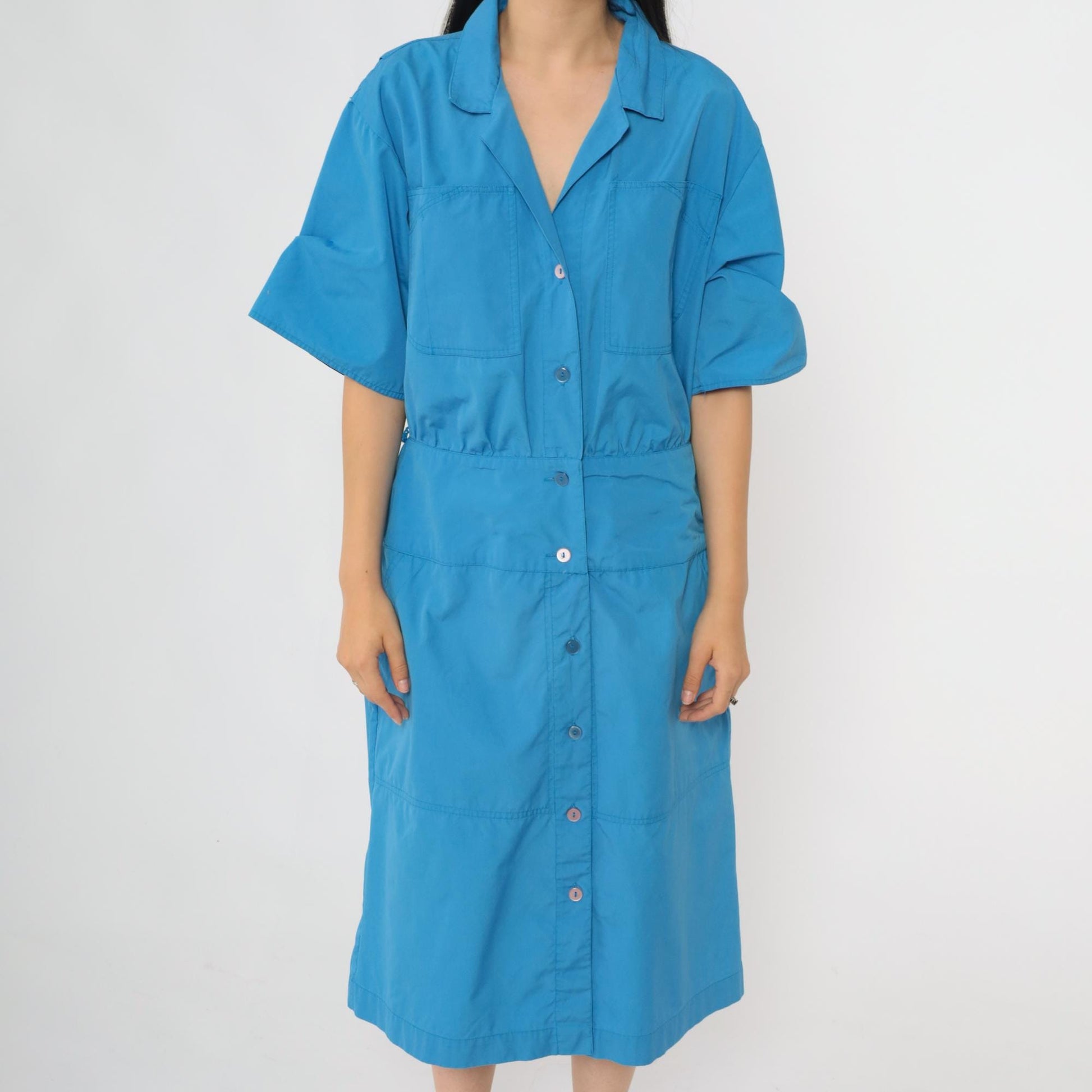 80s Blue Midi Shirt Dress Chest Pockets Half Sleeve Collared Medium