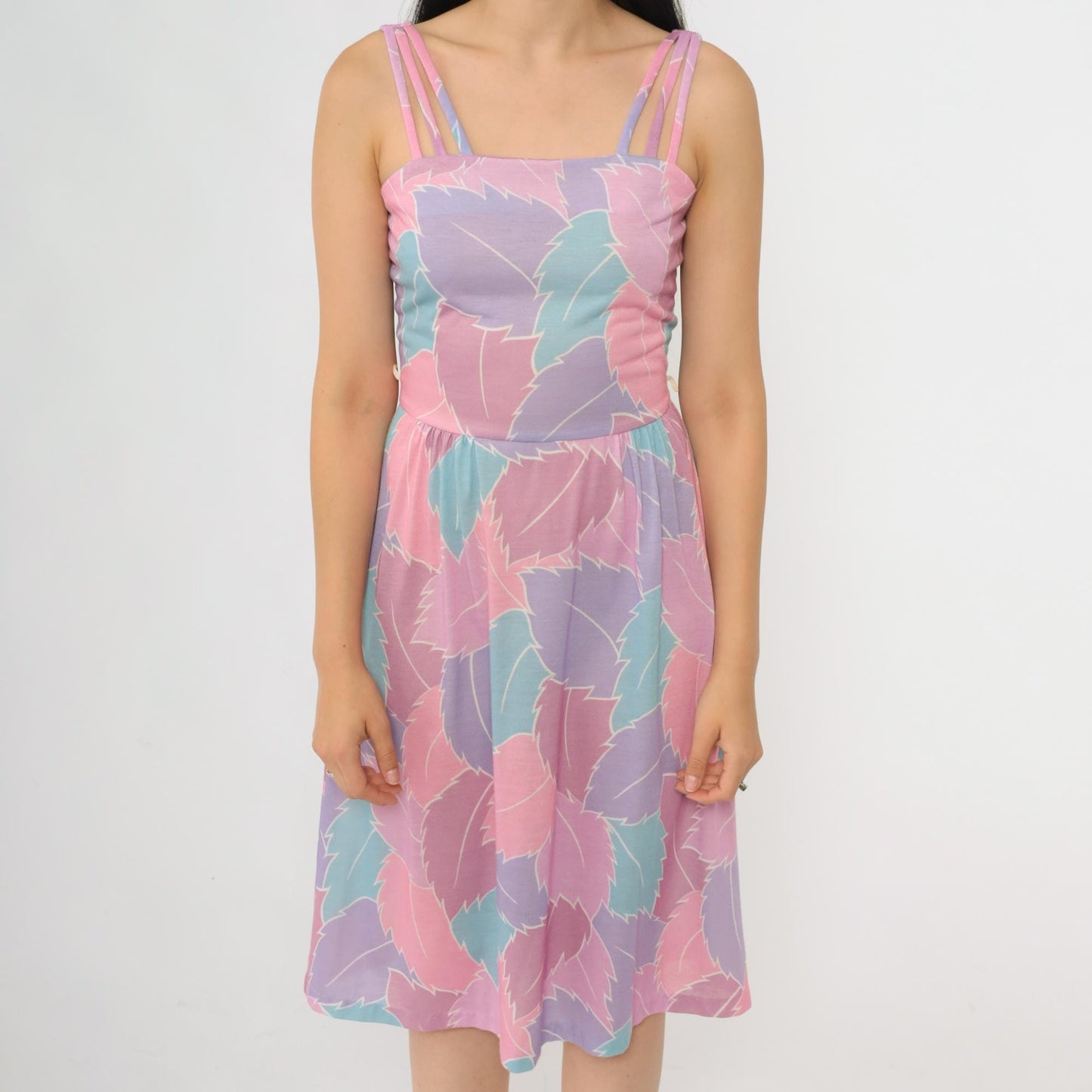 80s Pastel Leaf Print Midi Sundress Purple Pink High Waist Spaghetti Strap Extra Small