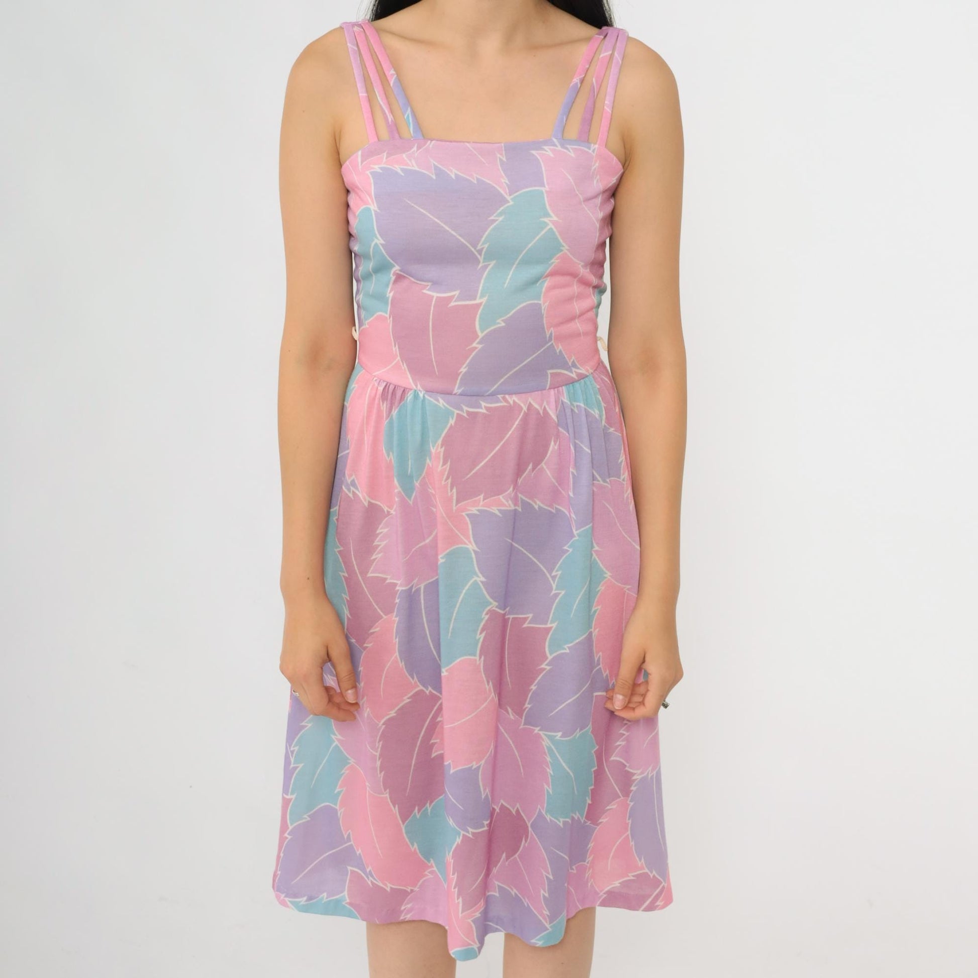 80s Pastel Leaf Print Midi Sundress Purple Pink High Waist Spaghetti Strap Extra Small