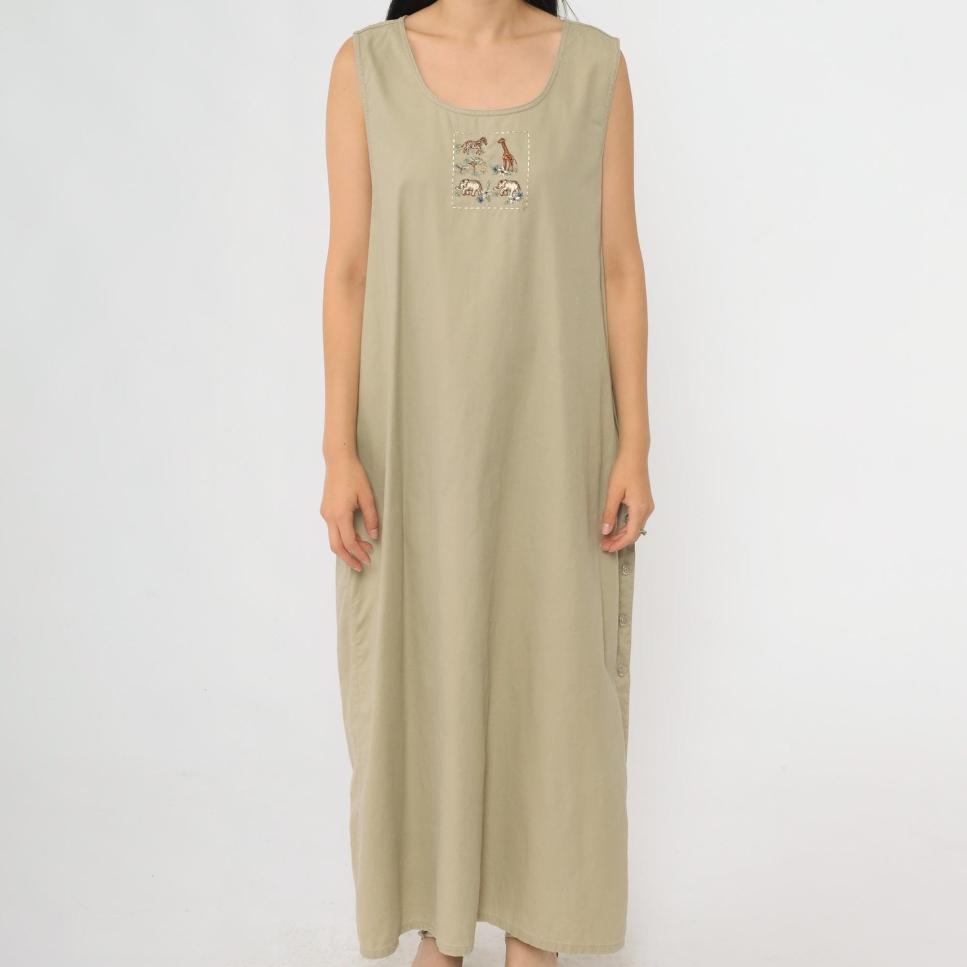 90s Safari Jumper Dress Khaki Embroidered Animals Maxi Sleeveless Extra Large XXL
