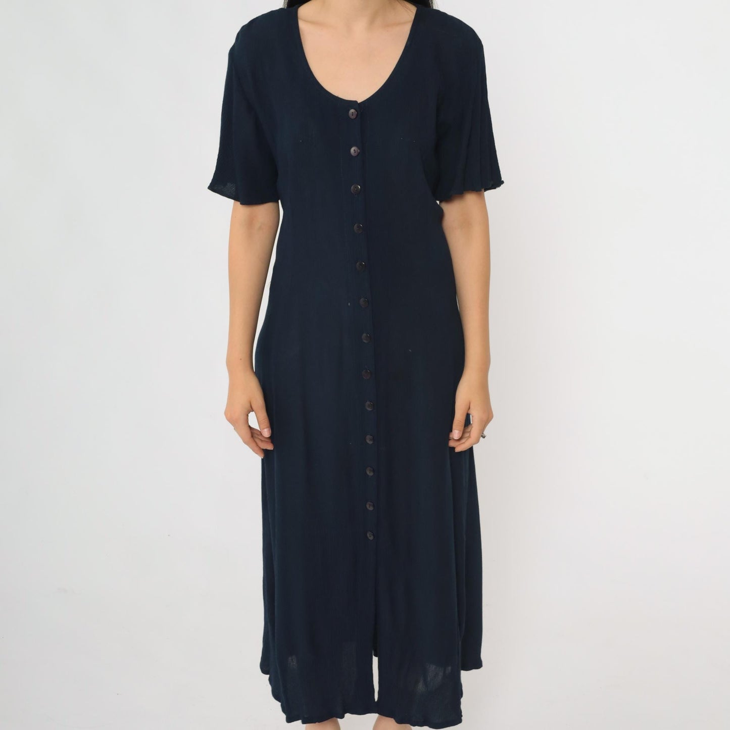 90s Navy Crinkled Rayon Button-Up Shirtdress Ankle Length Medium