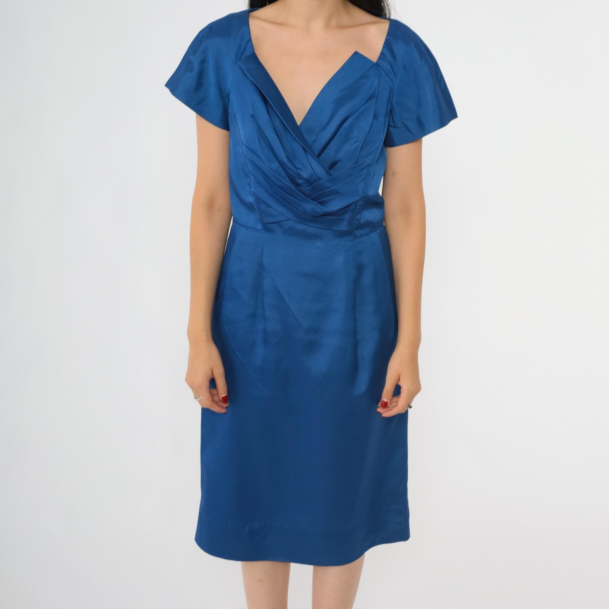 1960s Royal Blue Cocktail Dress Sculptural Neckline Midi Sheath Small S