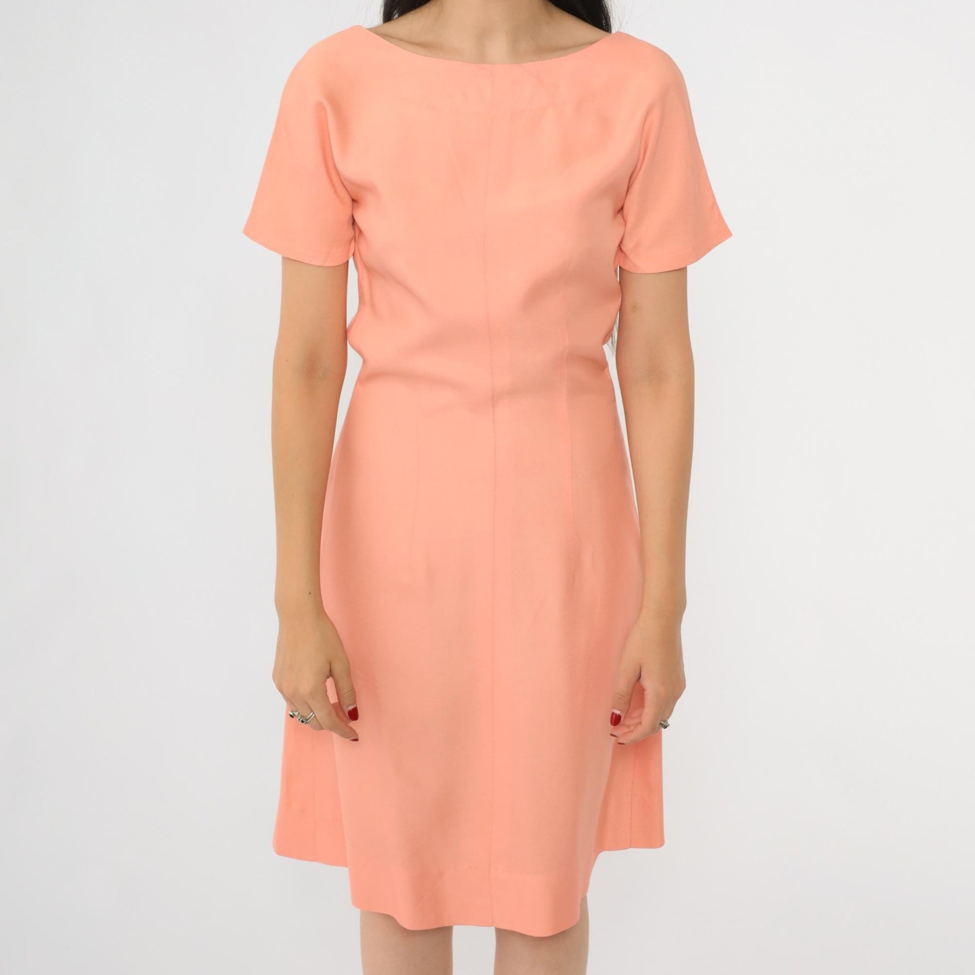 60s Peach Pink Sheath Dress Knee Length Short Sleeve Cocktail Small S