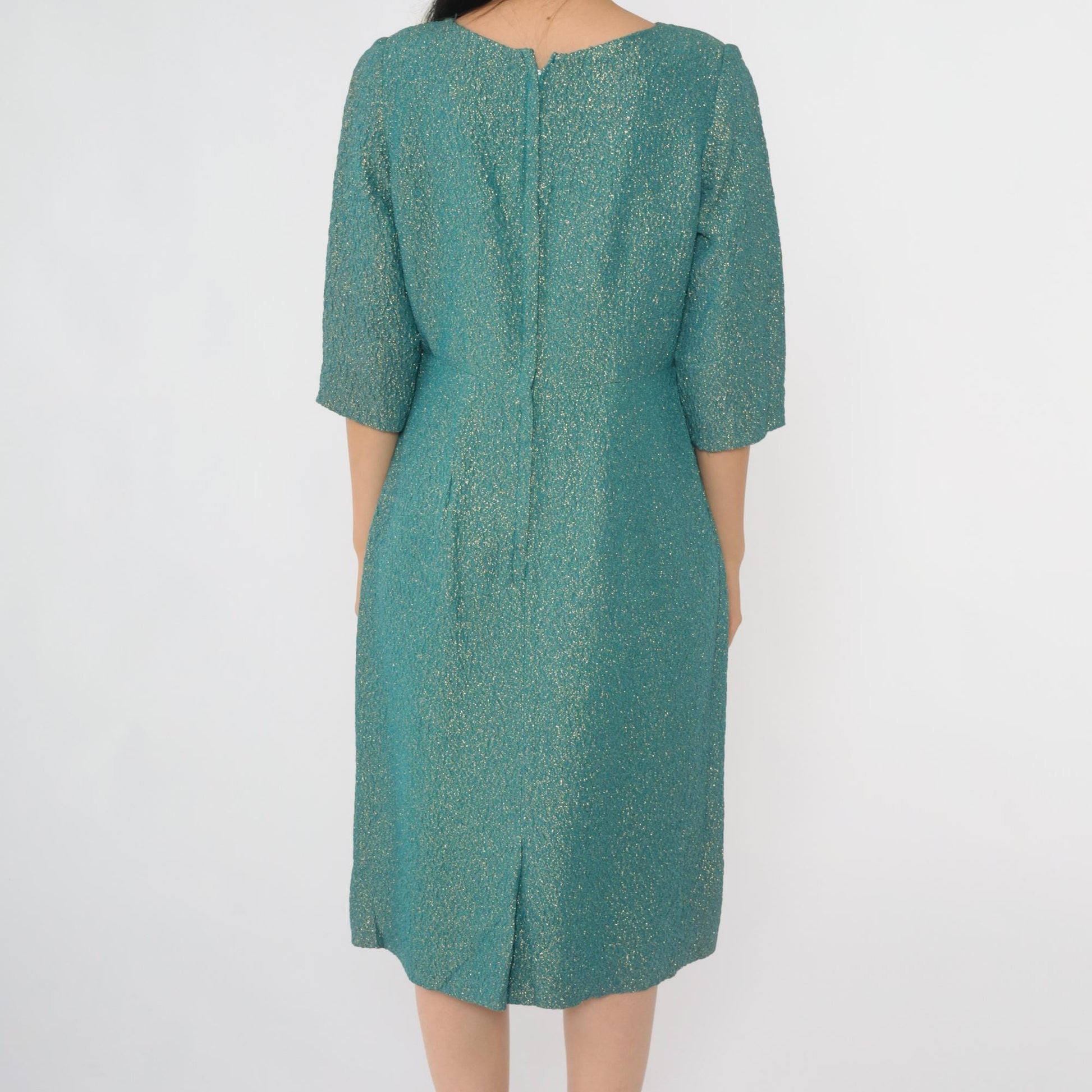 60s Metallic Gold Blue Sheath Dress Half Sleeve High Waist Knee Length Medium 8