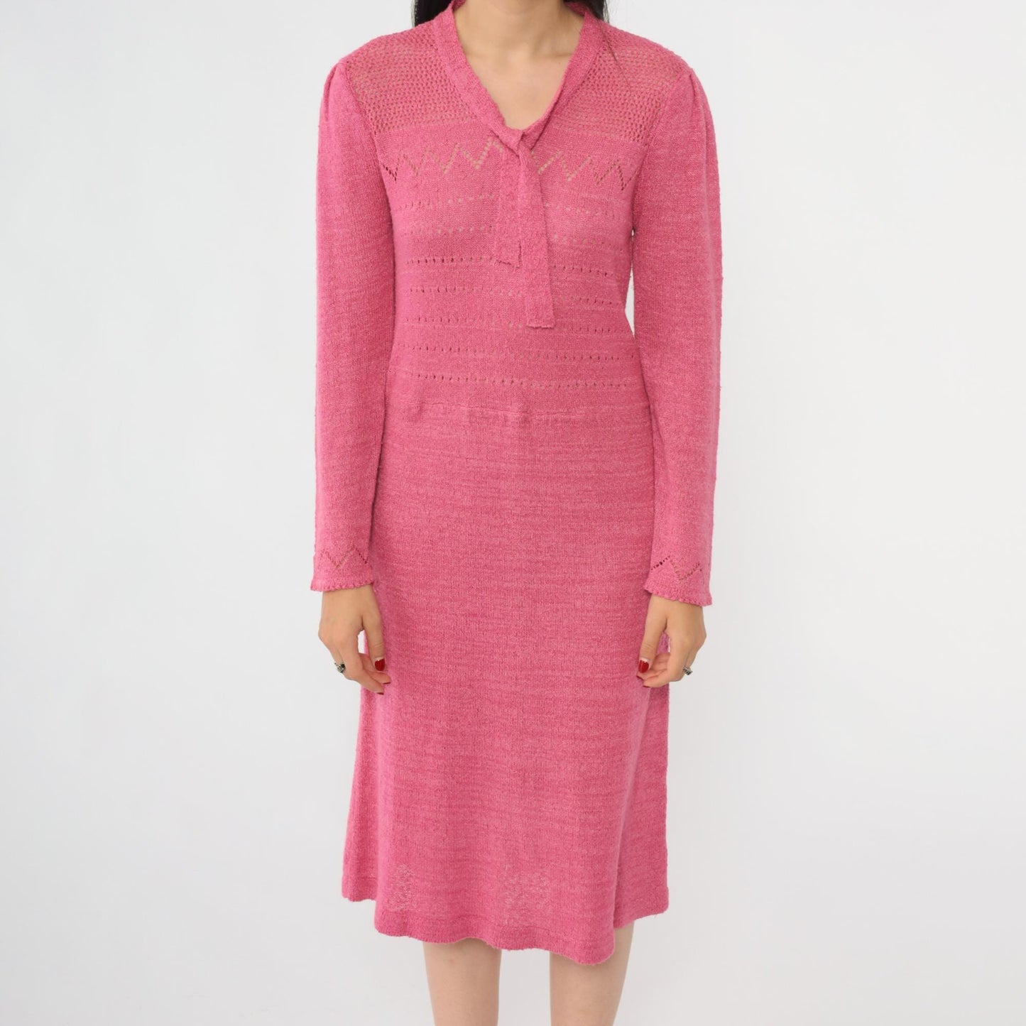 80s Pink Pointelle Knit Midi Dress Tie Neck Puff Sleeve Medium