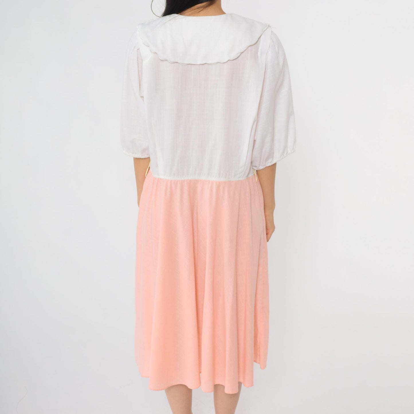 80s Leslie Fay Peter Pan Collar Midi Dress White Peach Floral Embroidered Extra Large