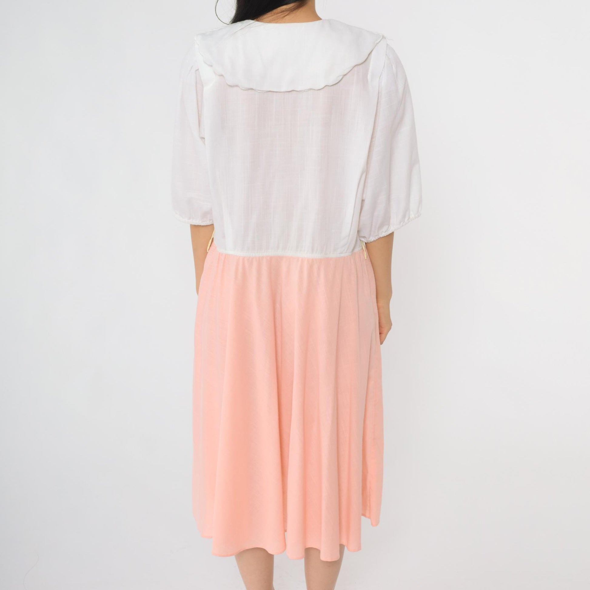 80s Leslie Fay Peter Pan Collar Midi Dress White Peach Floral Embroidered Extra Large