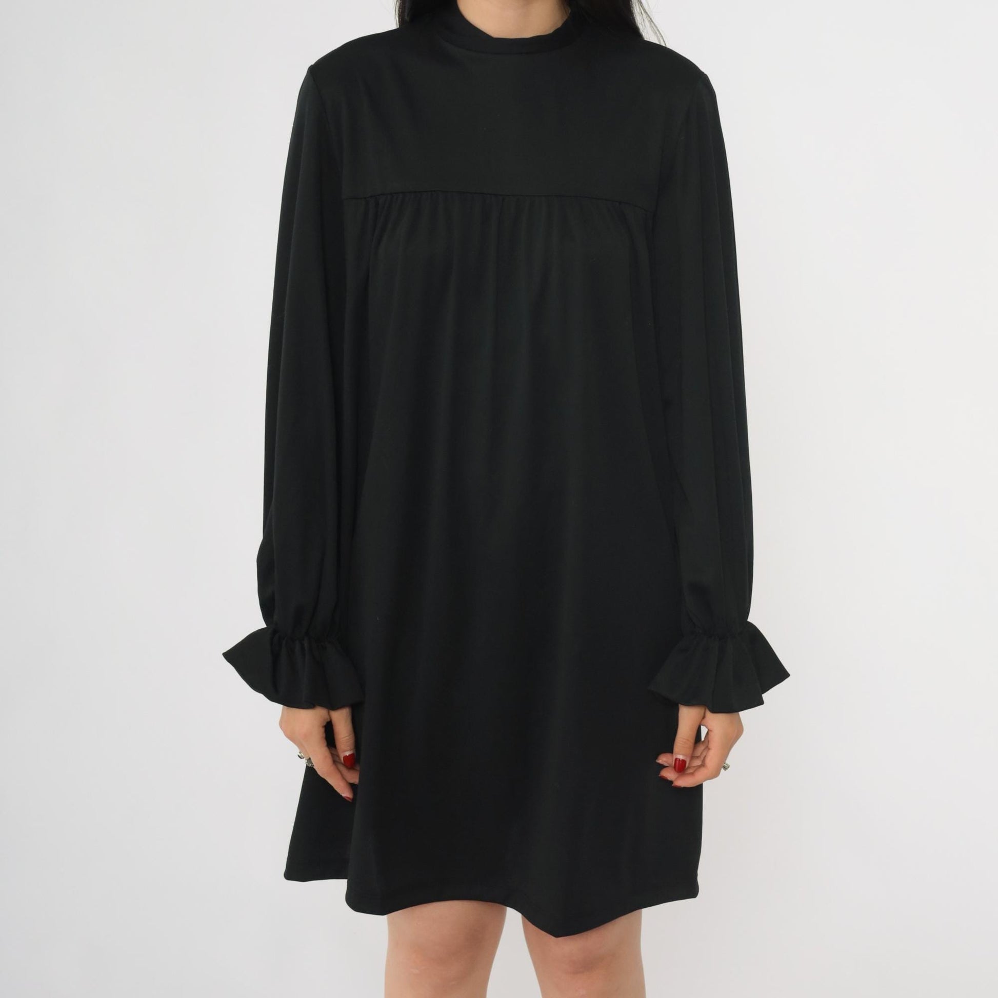 70s Black Tent Mini Dress Mock Neck Ruffled Long Sleeve Small