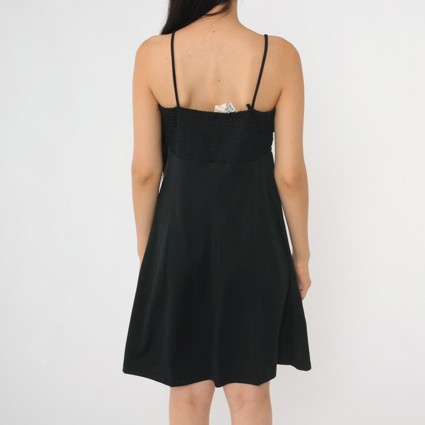 70s Black Mini Dress Empire Waist Lace Trim Spaghetti Strap Medium