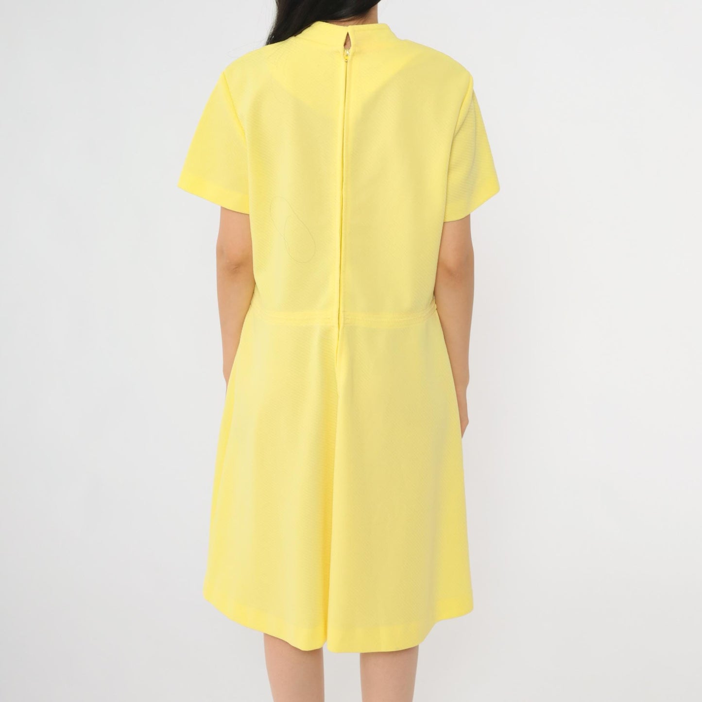 60s Yellow Mod Dress High Waist Ribbed Knit Knee Length Short Sleeve Large