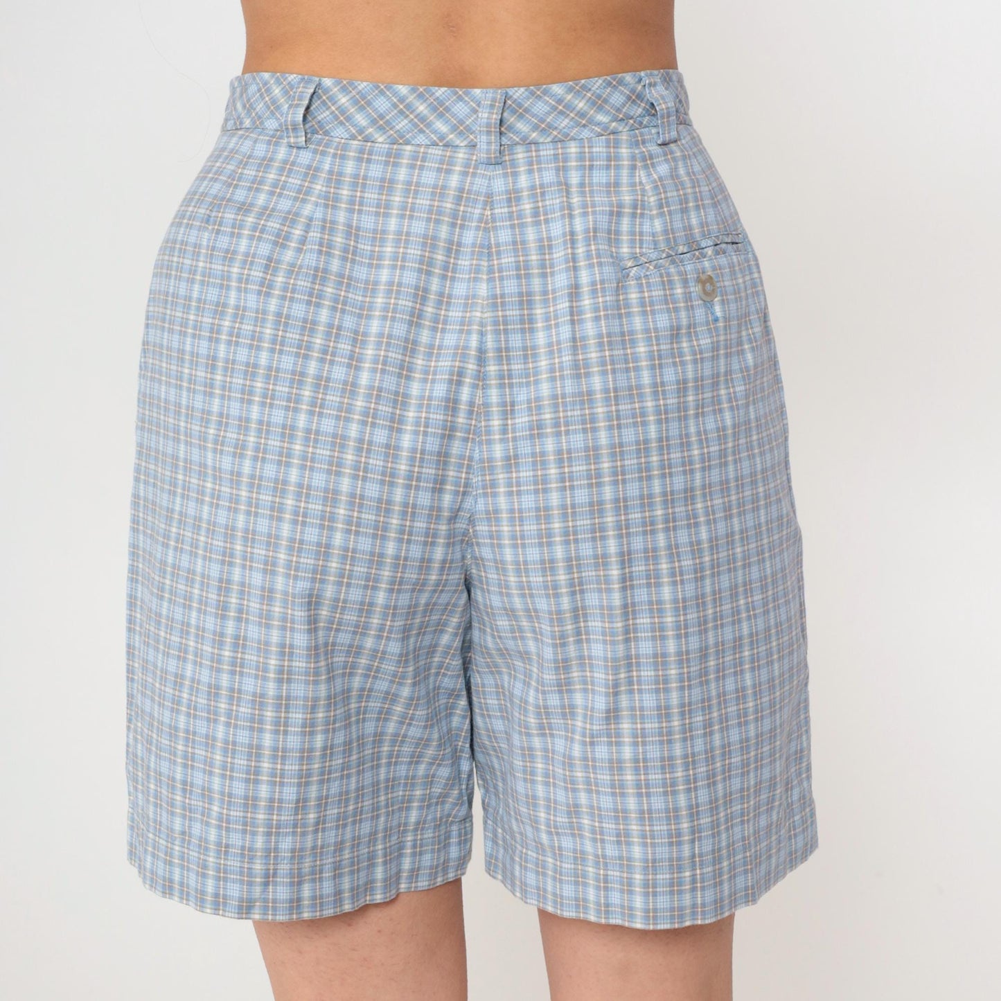 90s Liz Golf Plaid Shorts Light Blue High Waisted Pleated Small