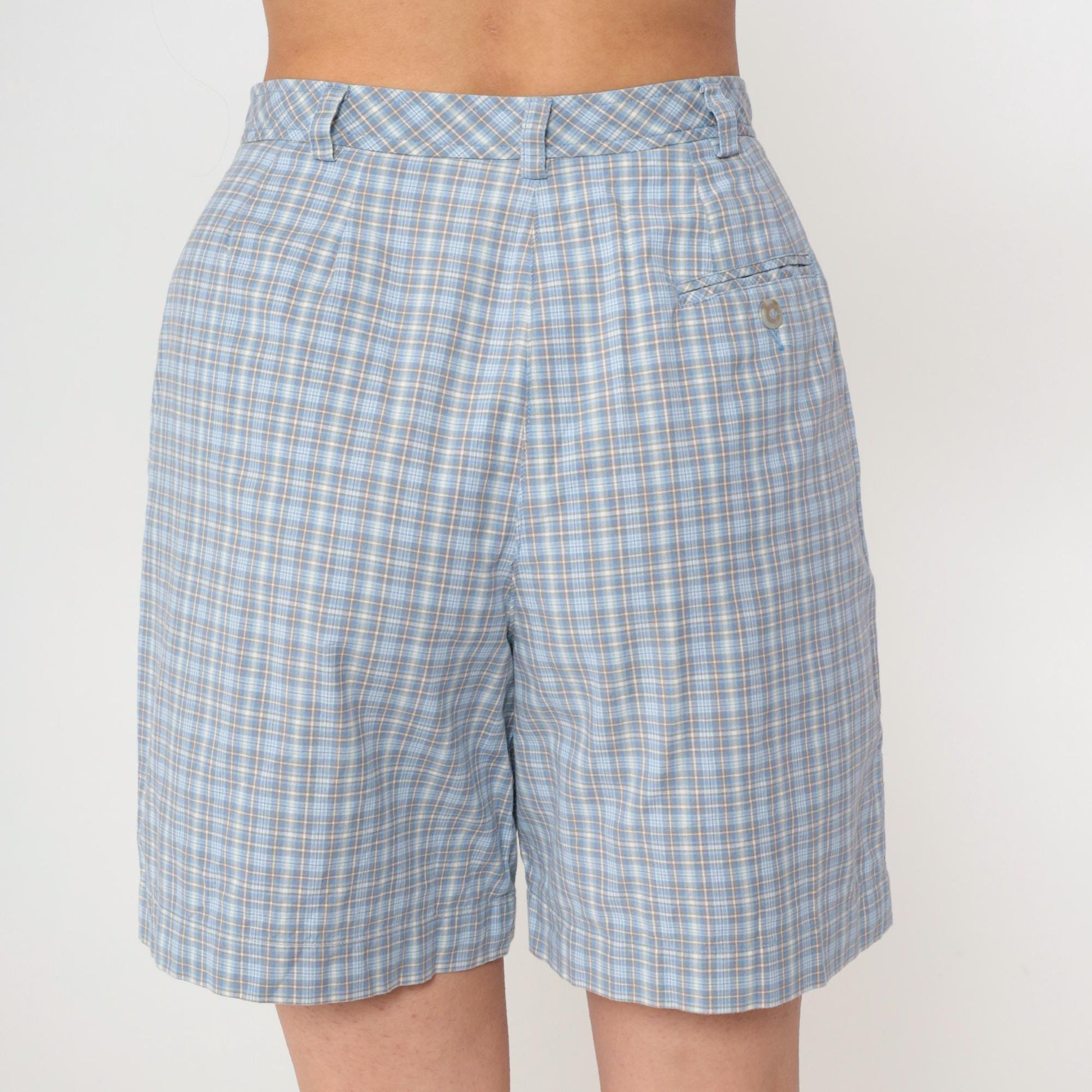 90s Liz Golf Plaid Shorts Light Blue High Waisted Pleated Small